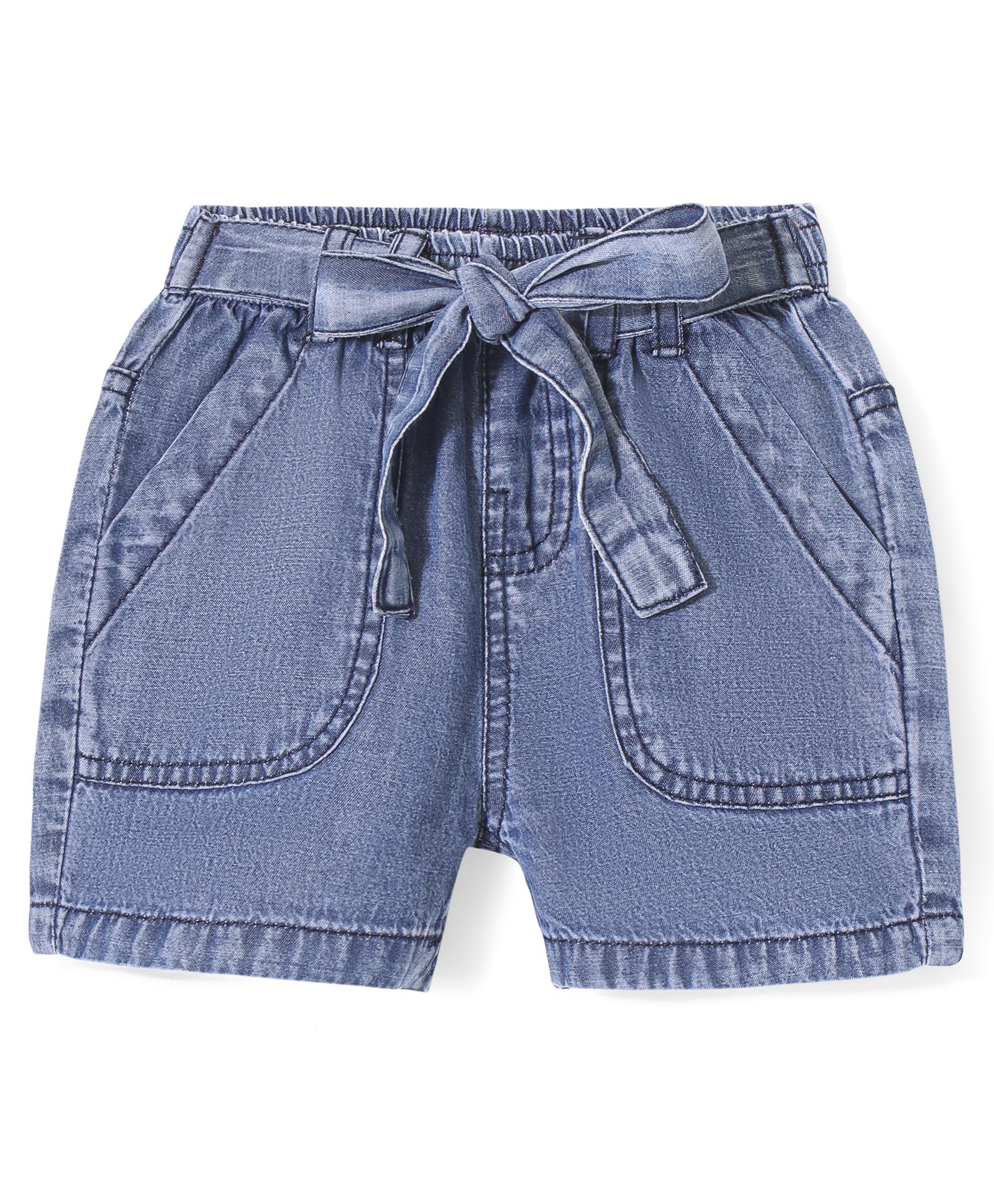 Babyhug Cotton Mid Thigh Washed Denim Shorts with Bow Detailing Solid Colour - Blue-picture-10