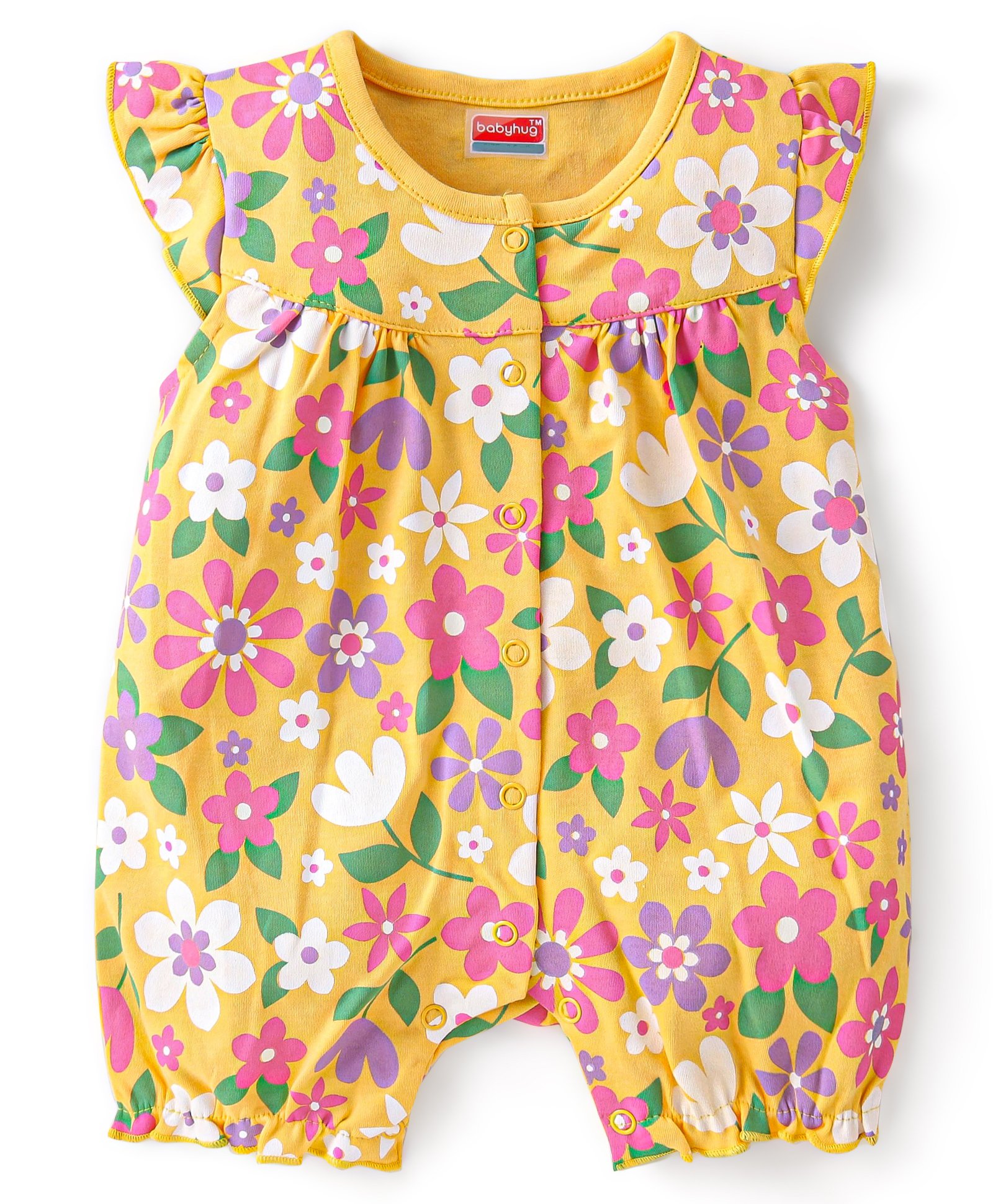 Babyhug 100% Cotton Knit Frill Sleeves Floral Printed Romper - Yellow-image-9