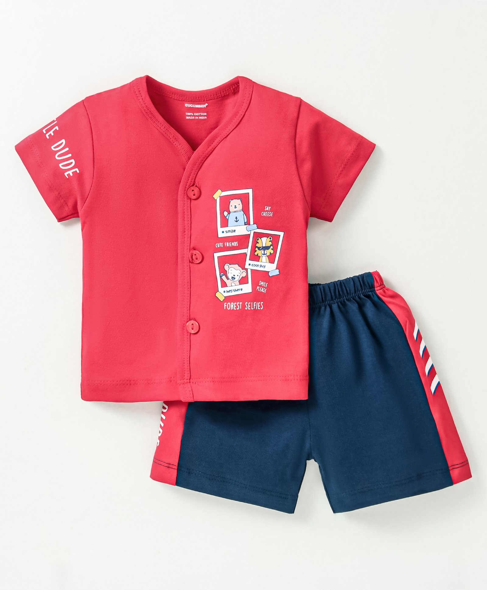 CUCUMBER  Sinker Knit Half Sleeves Nightsuit with Animal & Text Print  - Red-picture-34