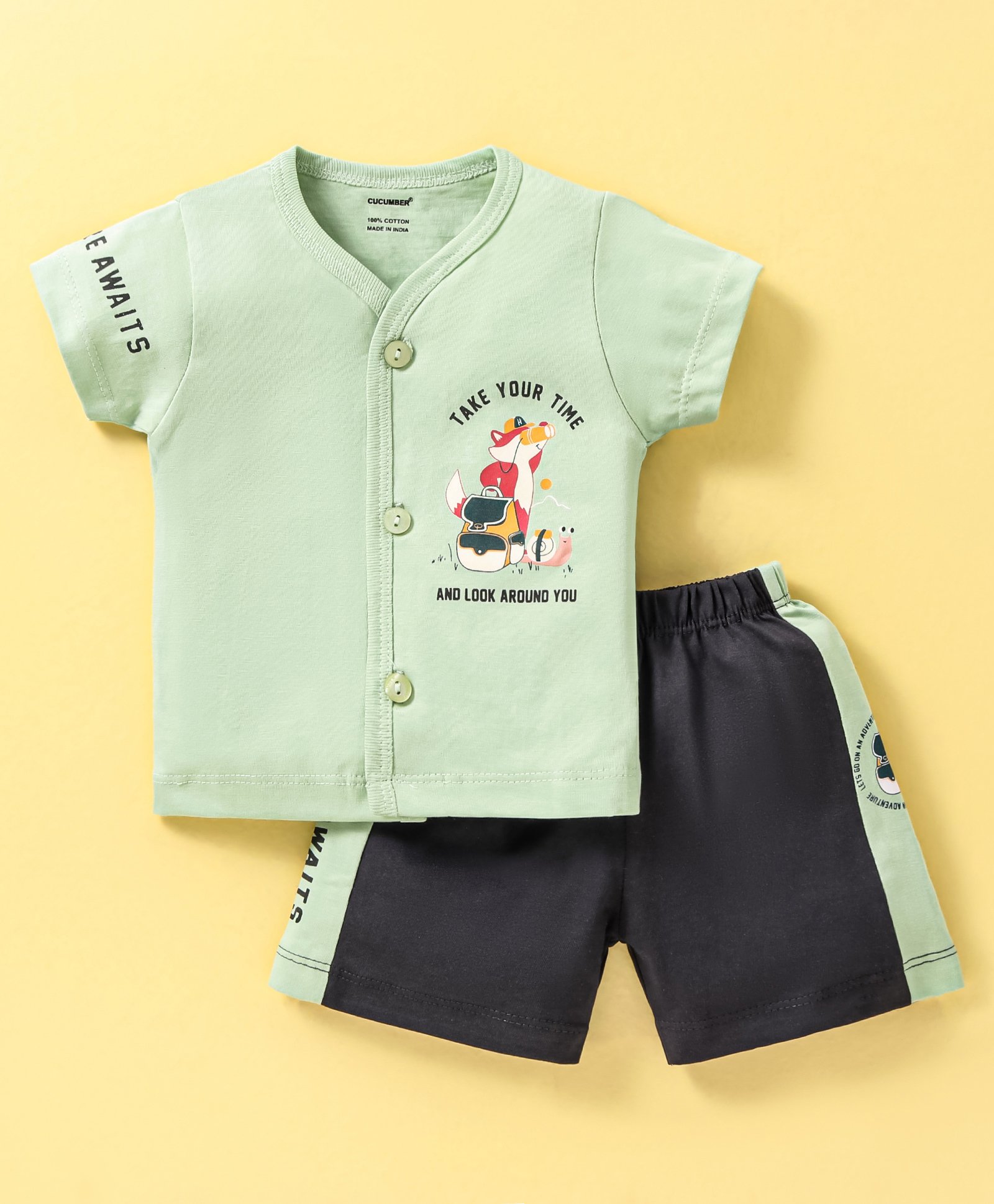 CUCUMBER  Sinker Knit Half Sleeves Nightsuit with Fox & Text Print - Green-picture-15