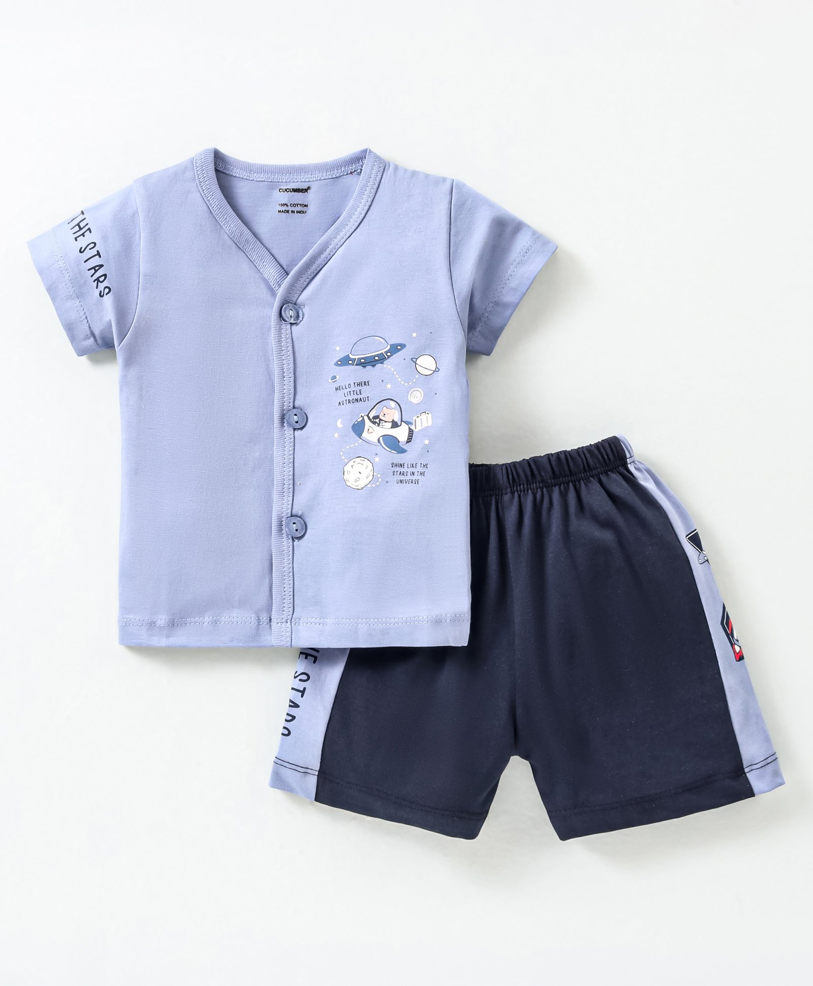 CUCUMBER  Sinker Knit Half Sleeves Nightsuit with Space Theme Print - Blue-image-35