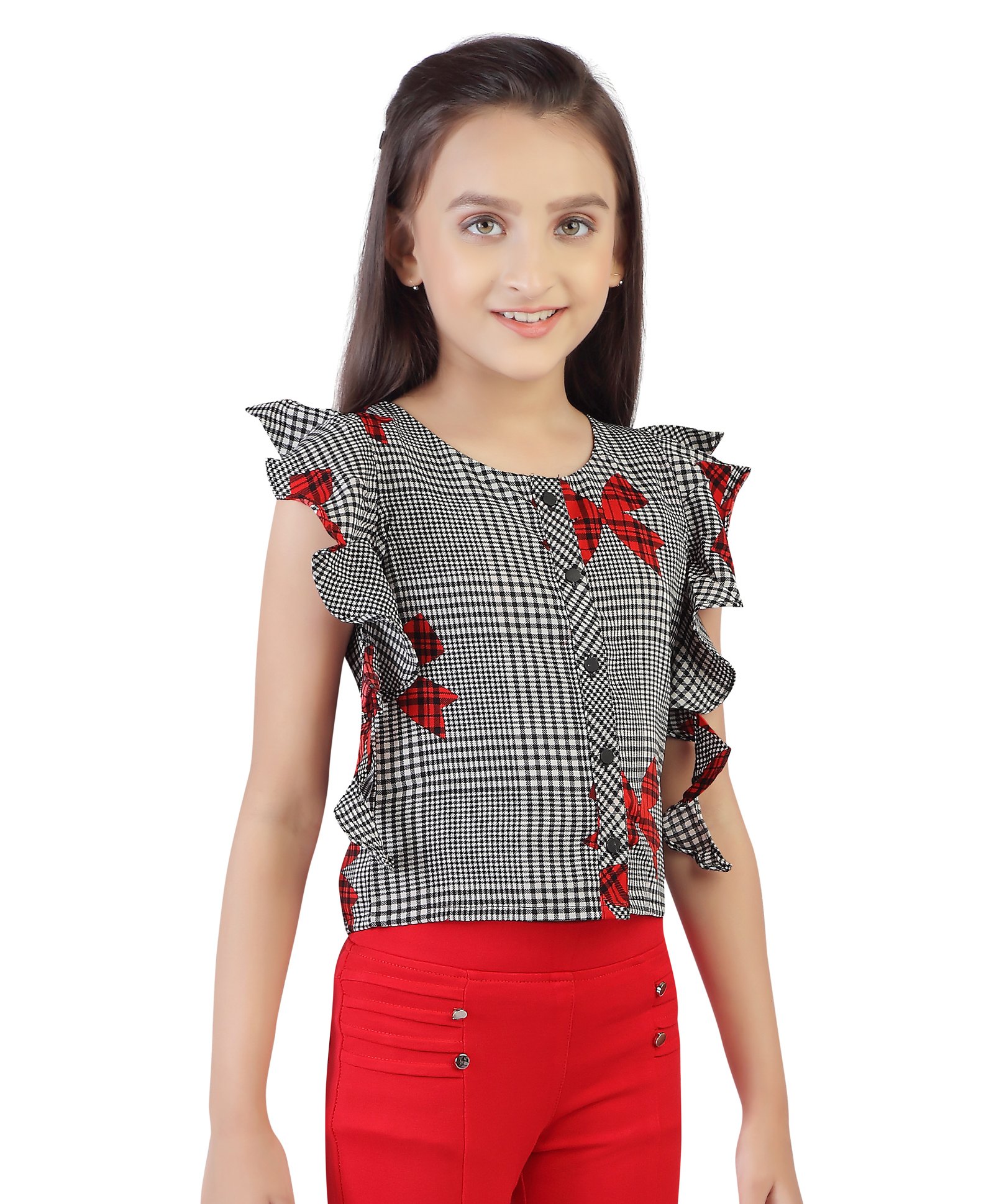 Tiny Girl Cap Frill Sleeves Checked & Bow Printed Top -Red-picture-19