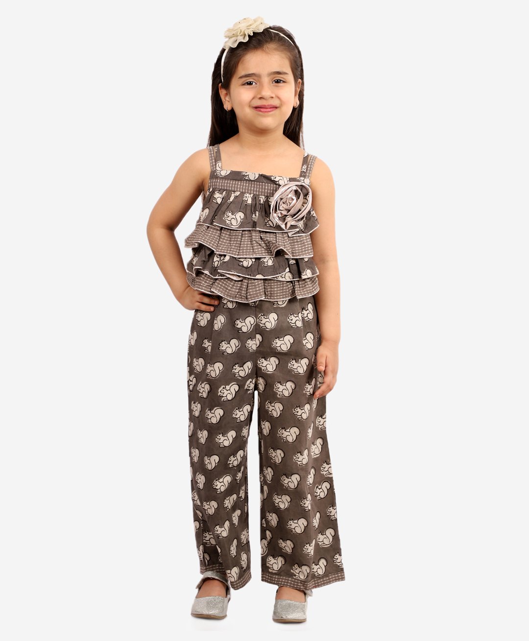 Twisha Sleeveless Animal Printed & Floral Applique Jumpsuit - Brown-image-1