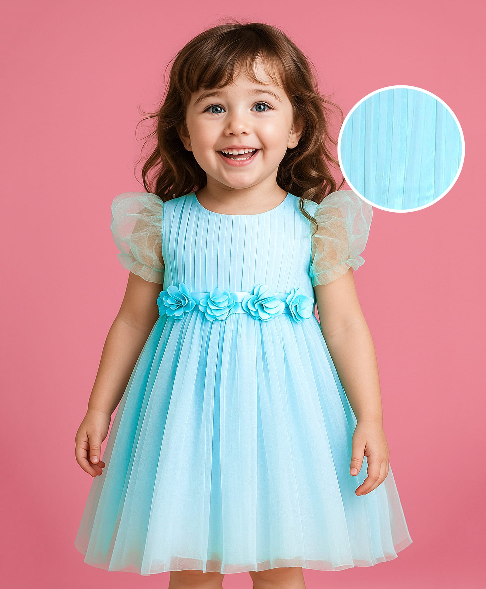 Babyhug Woven Half Puffed Fit & Flared Solid Colour Party Frock with Floral Applique - Light Blue-image-29