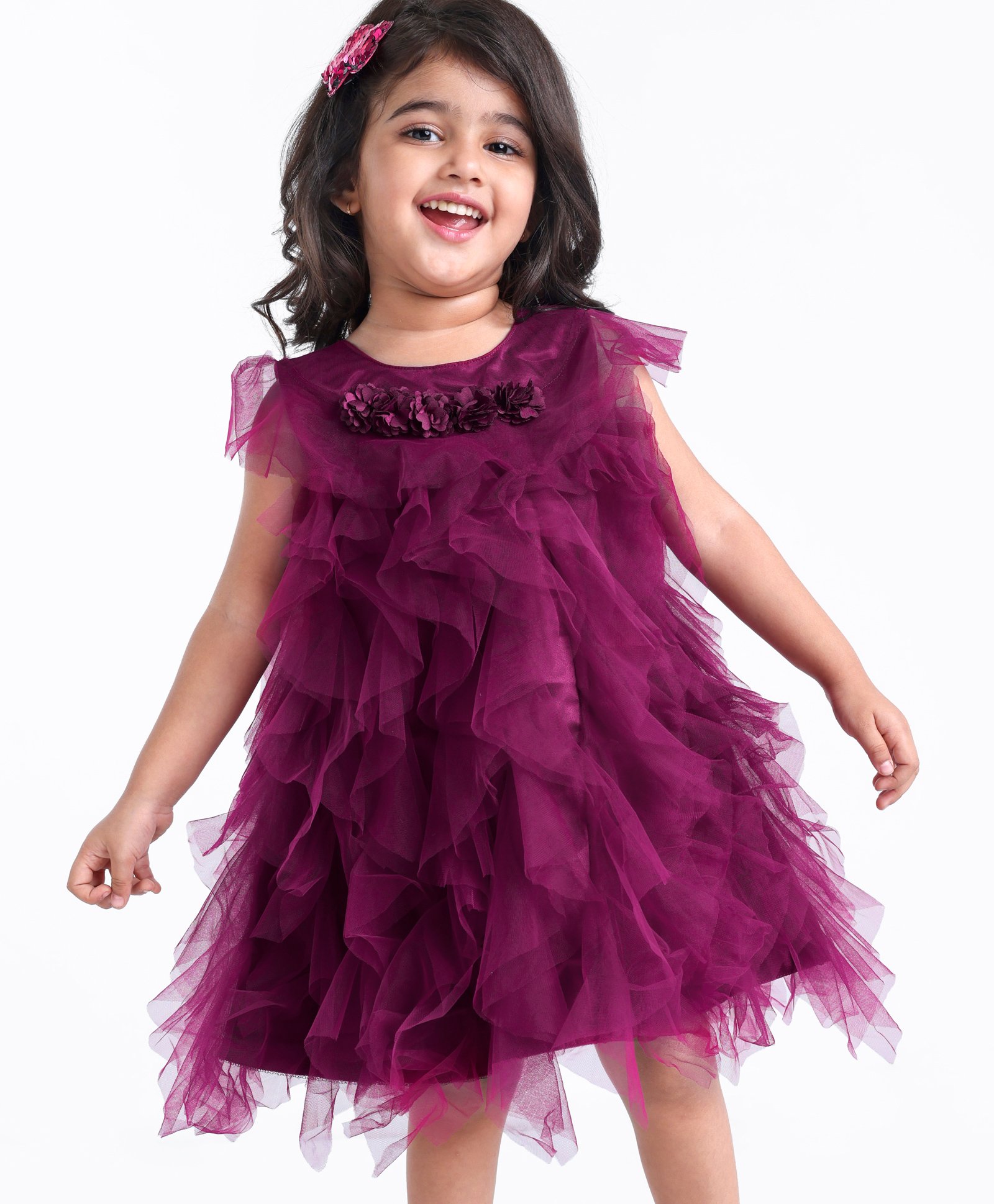 Babyhug Sleeveless Party Frock with Frill Detailing Floral Applique - Wine-image-41