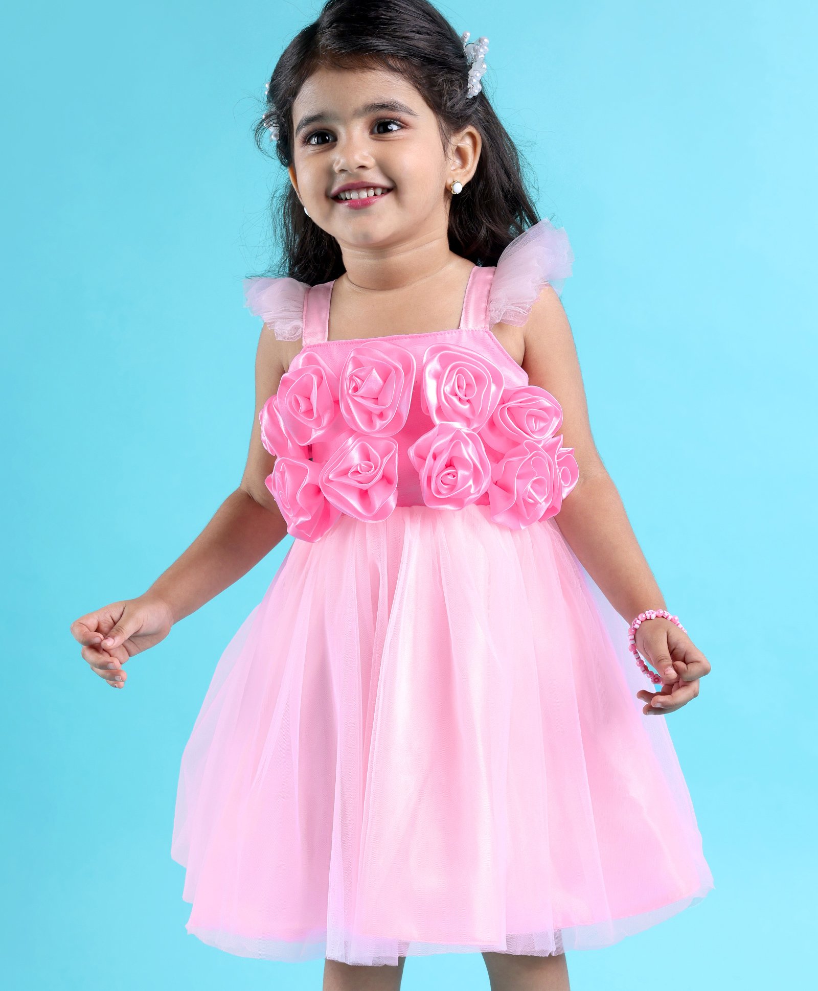 Babyhug Sleeveless Party Wear Fit And Flare Ruffle Dress With Corsage - Pink-image-5