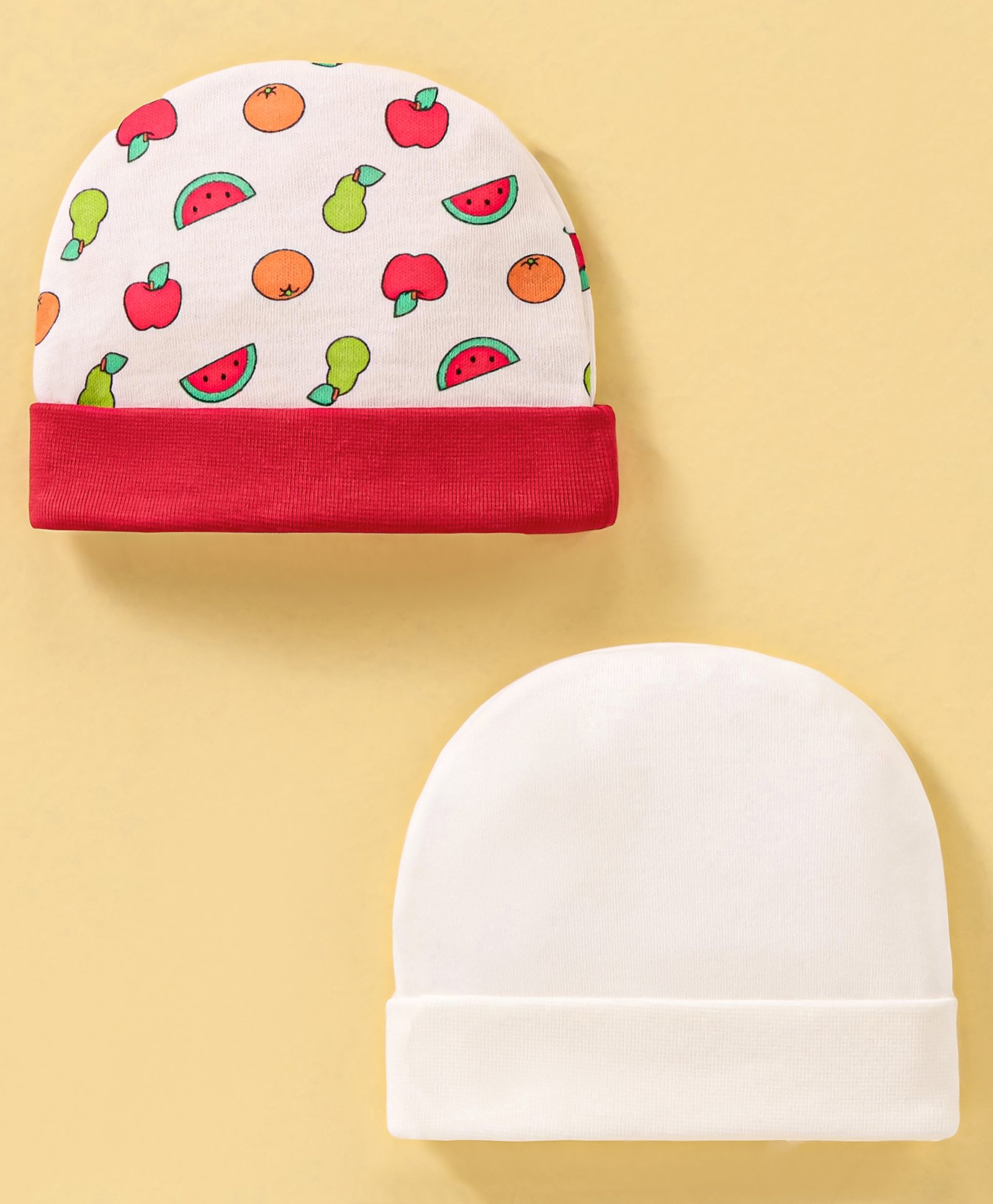 Ben Benny Cotton Baby Caps Solid & Fruits Print Multicolour - Diameter 9 cm-image-5