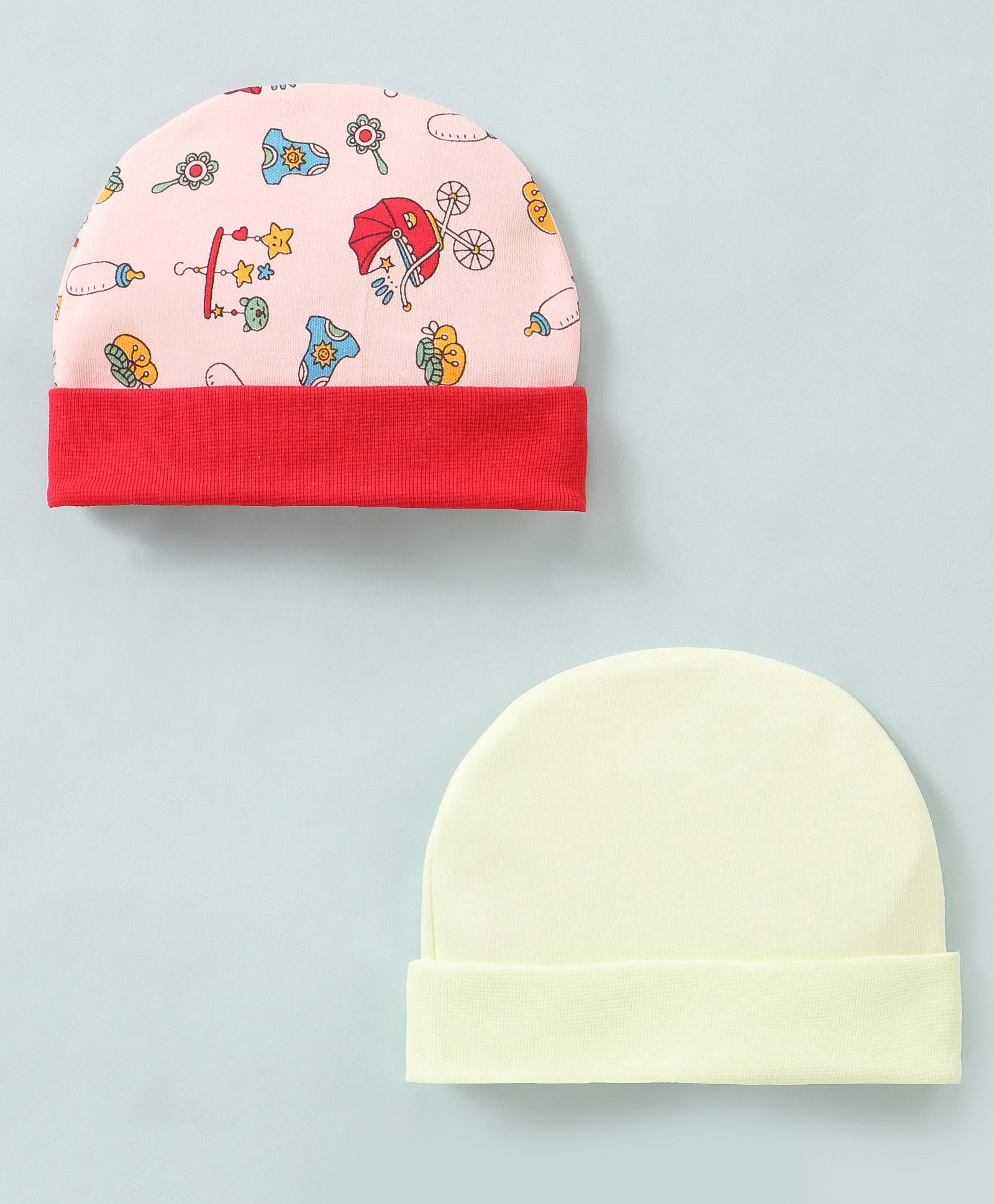 Ben Benny Cotton Baby Caps Toy Print & Solid Multicolour Pack of 2 - Diameter 9 cm-image-25