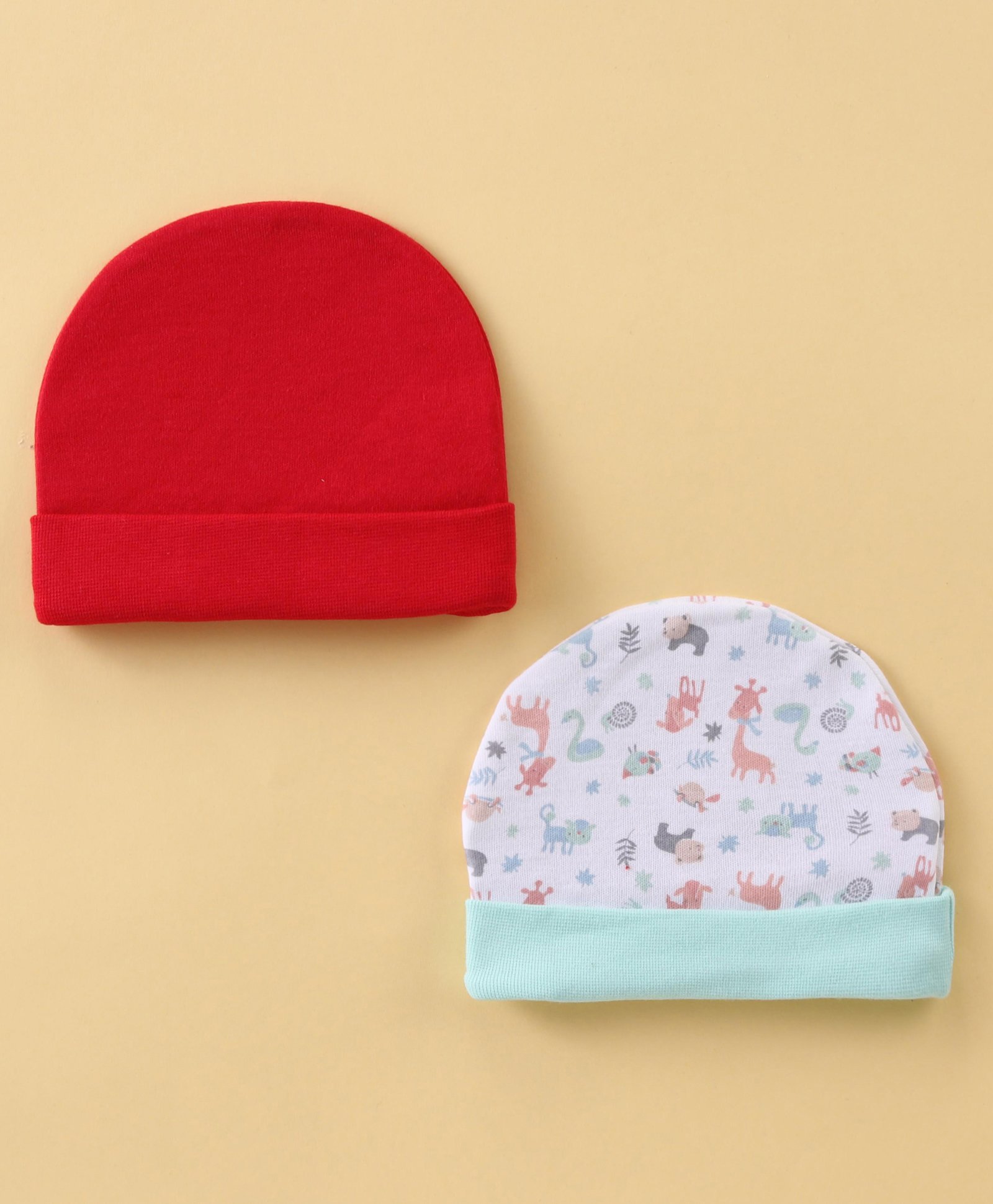 Ben Benny Cotton Knit Caps Solid & Animal Print Pack of 2 White & Red- Diameter 9 cm-picture-22