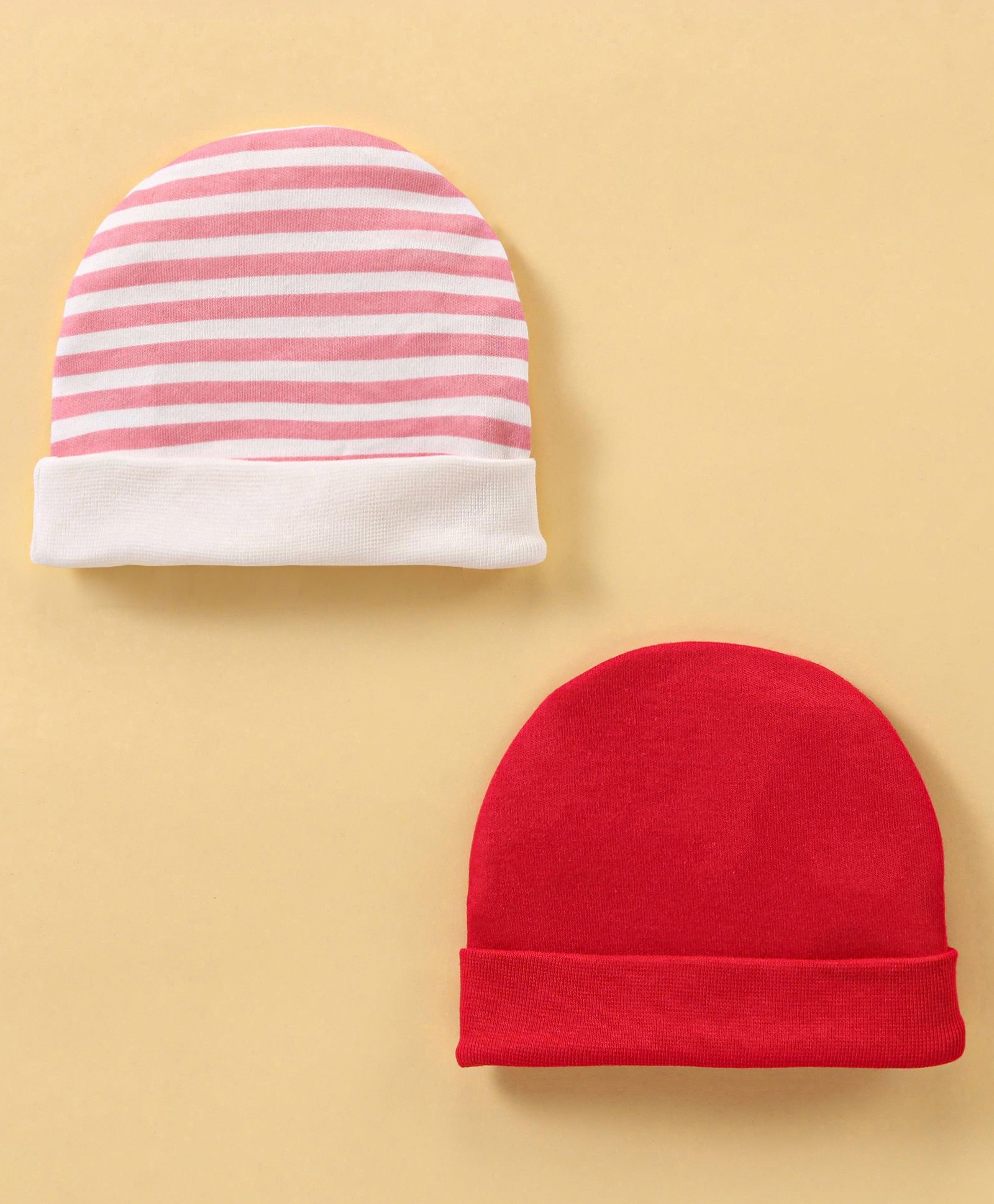 Ben Benny Cotton Knit Caps Solid & Striped Print Pack of 2 Pink & Red- Diameter 9 cm-picture-17