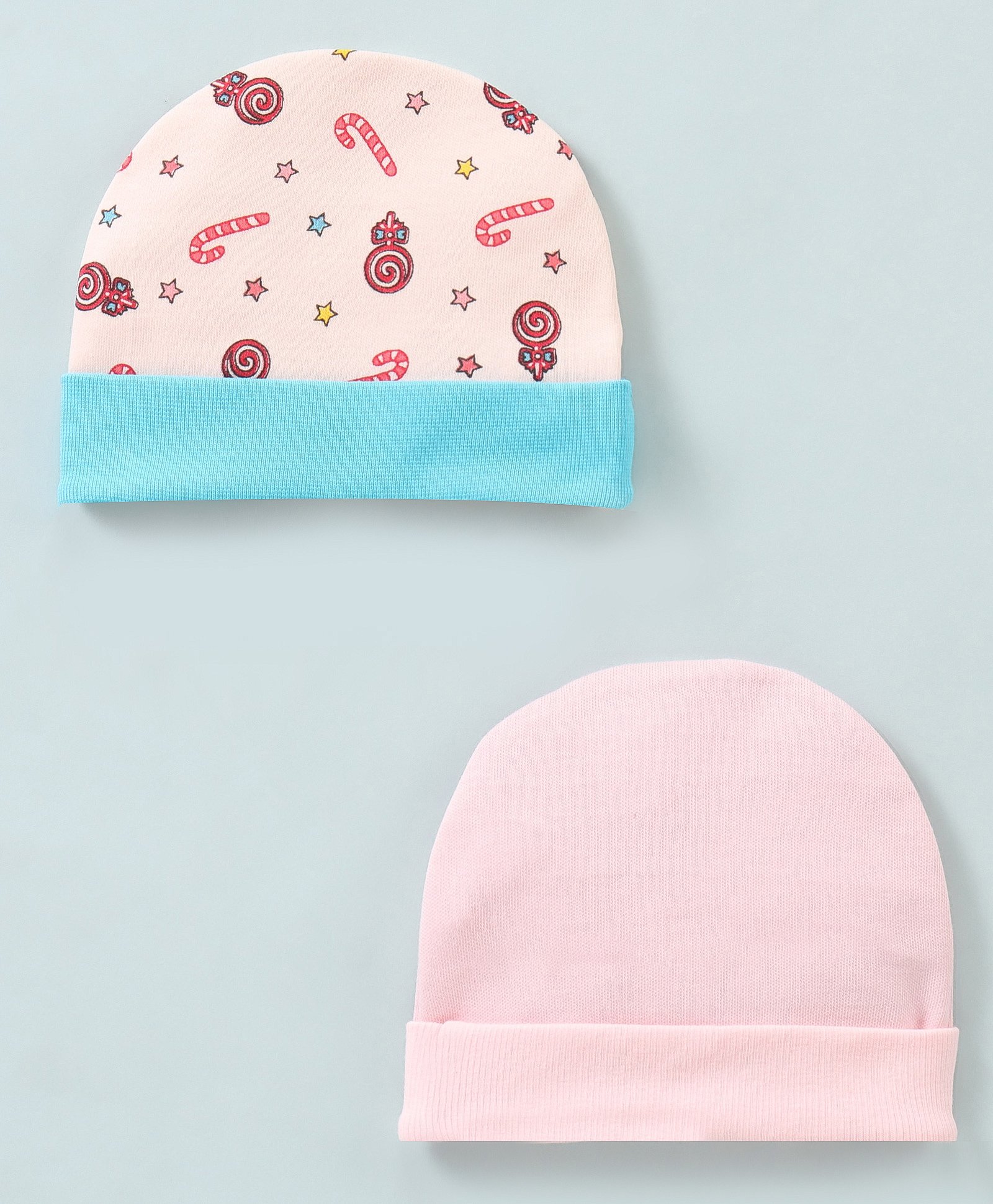 Ben Benny Cotton Baby Caps Candy Print & Solid Pink Pack of 2 - Diameter 9 cm-picture-17
