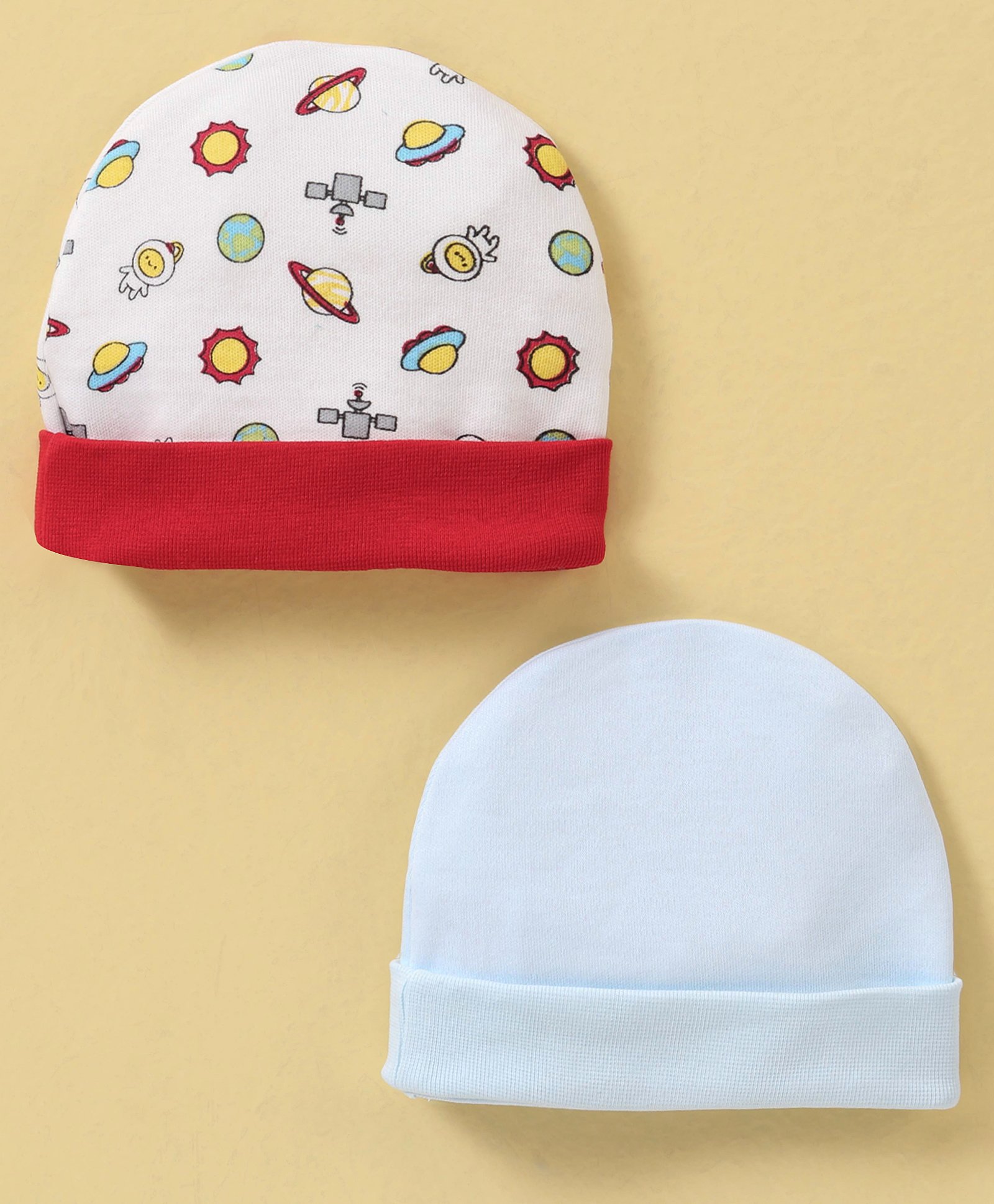 Ben Benny Cotton Knit Caps Solid & UFO Print Pack of 2 White & Blue- Diameter 9 cm-image-8
