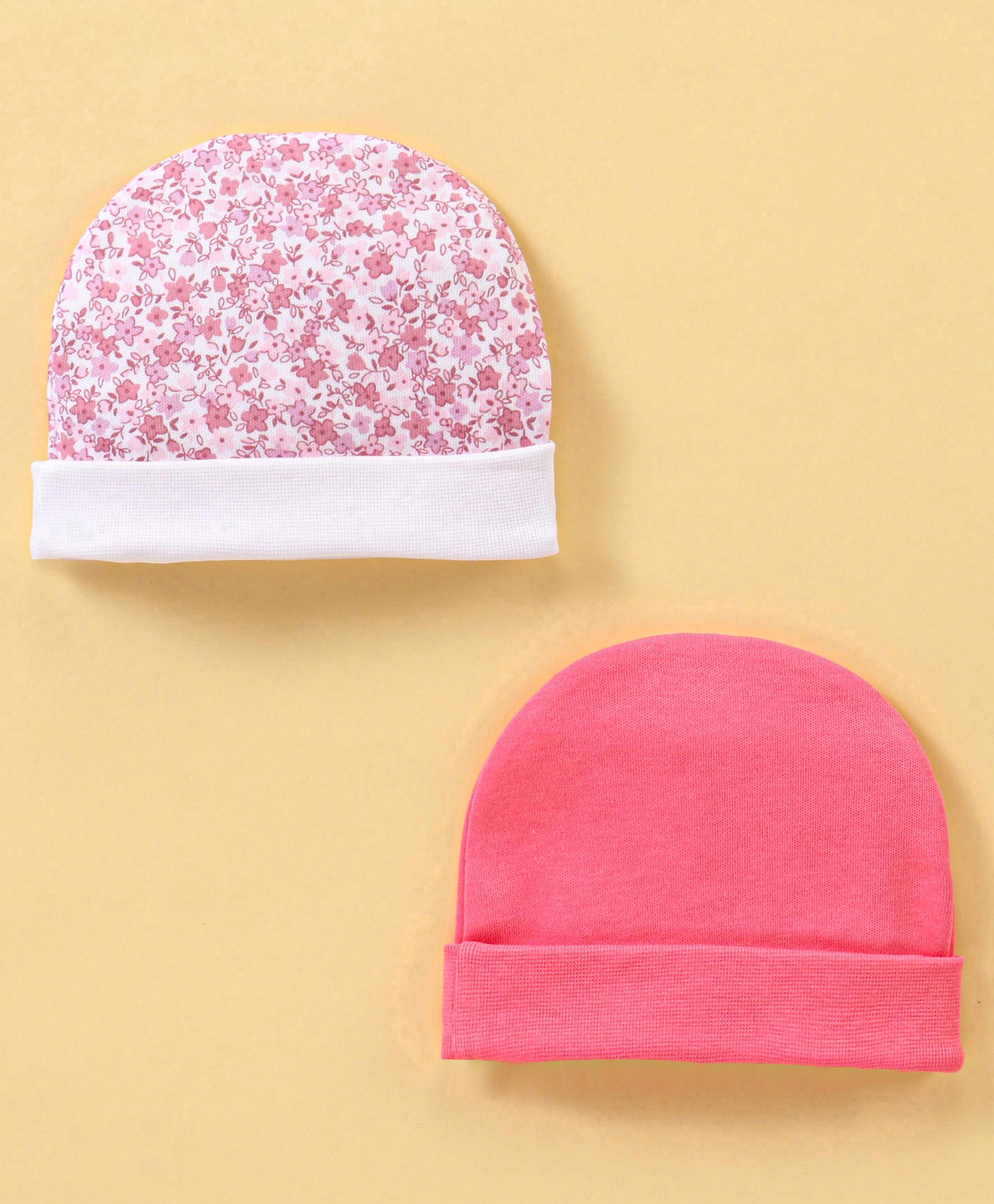 Ben Benny Cotton Knit Caps Solid & Floral Print Pack of 2 Pink & White- Diameter 9 cm-image-24