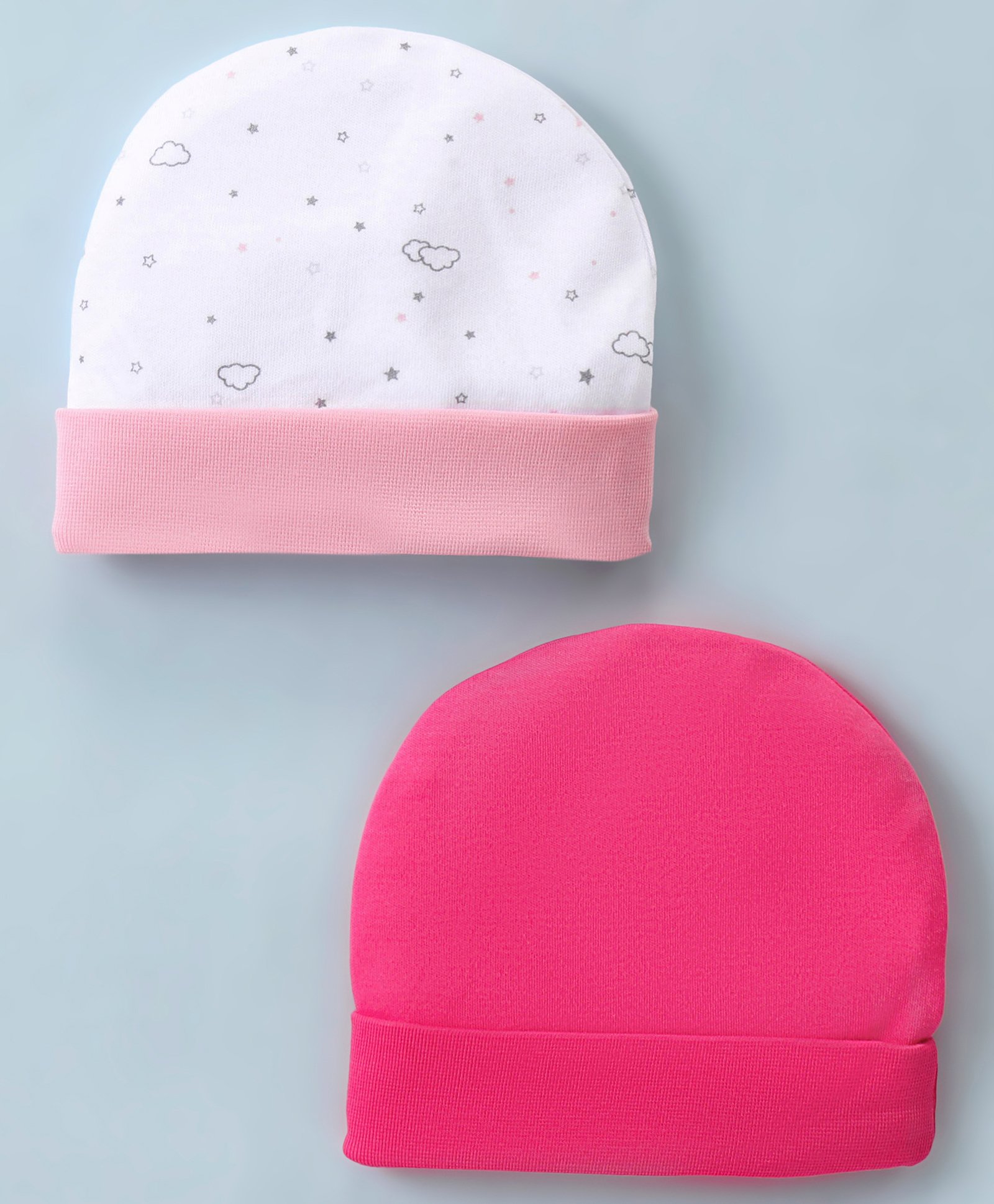 Ben Benny Cotton Knit Caps Solid & Cloud Print Pack of 2 White & Pink- Diameter 11 cm-picture-14