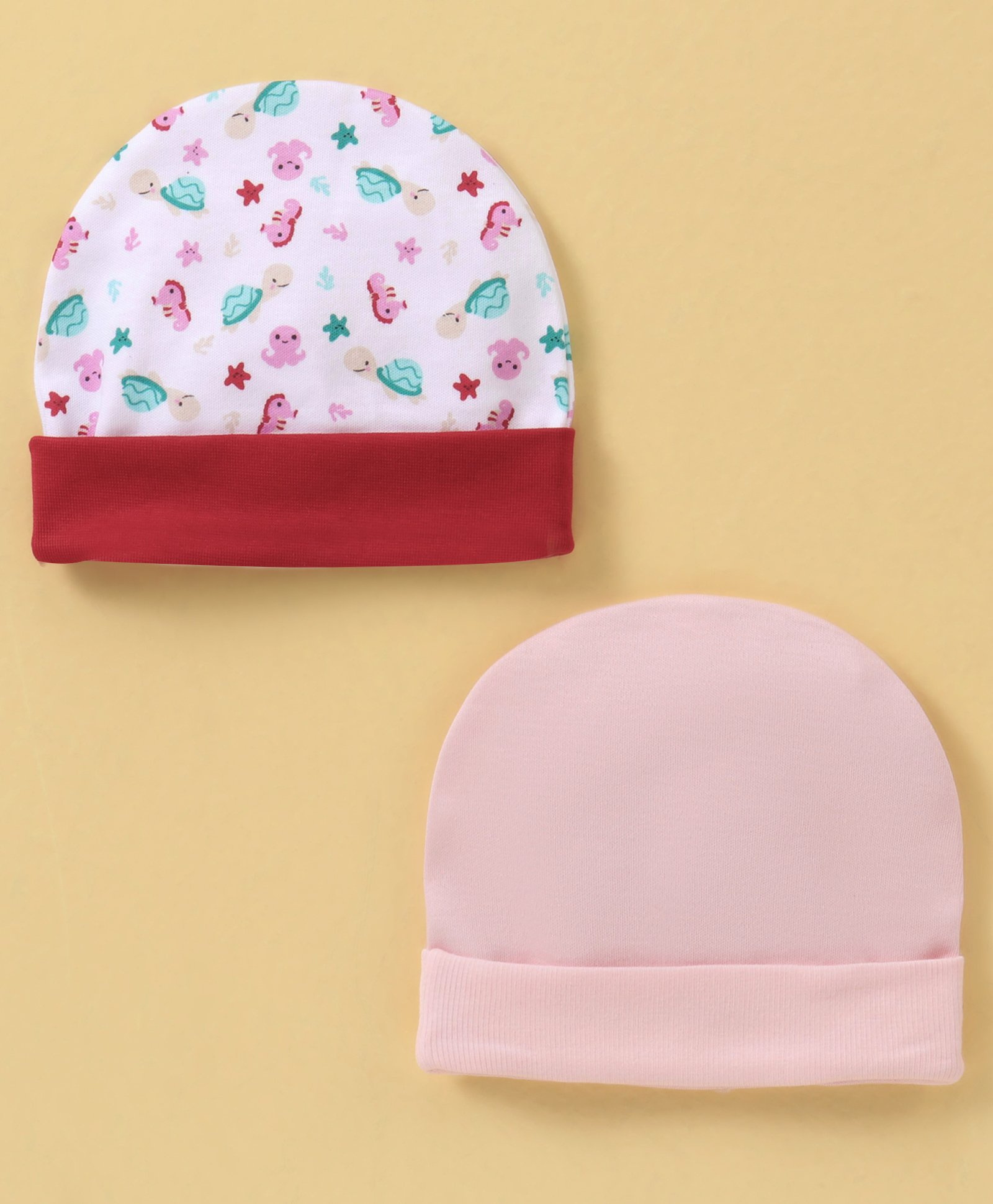 Ben Benny Cotton Knit Caps Solid & Sea Life Theme Print Pack of 2 White & Pink- Diameter 11 cm-picture-20
