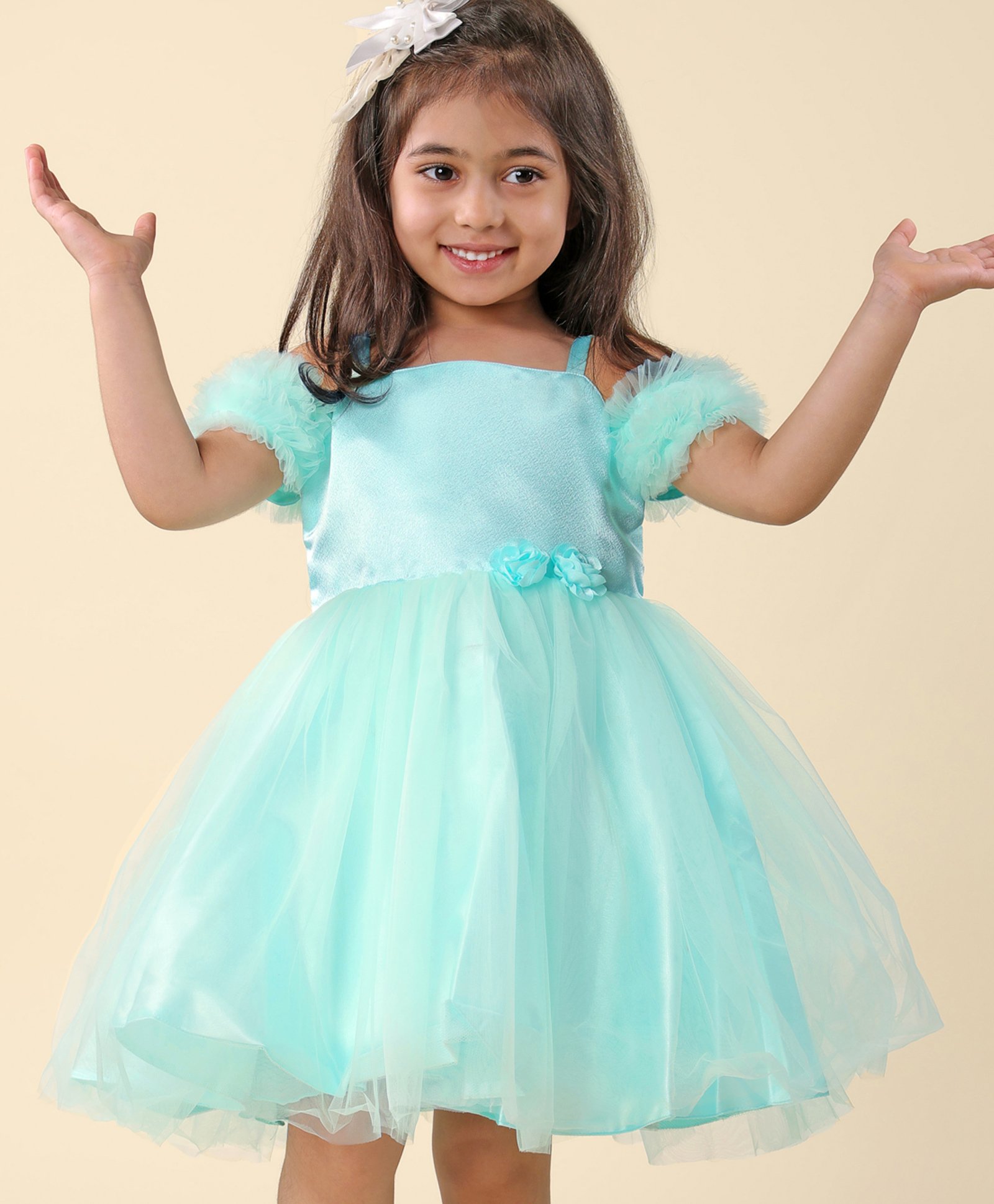 Babyhug Sleeveless Frill & Floral Detailing Solid Colour Fit & Flared Party Frock - Mint-image-7