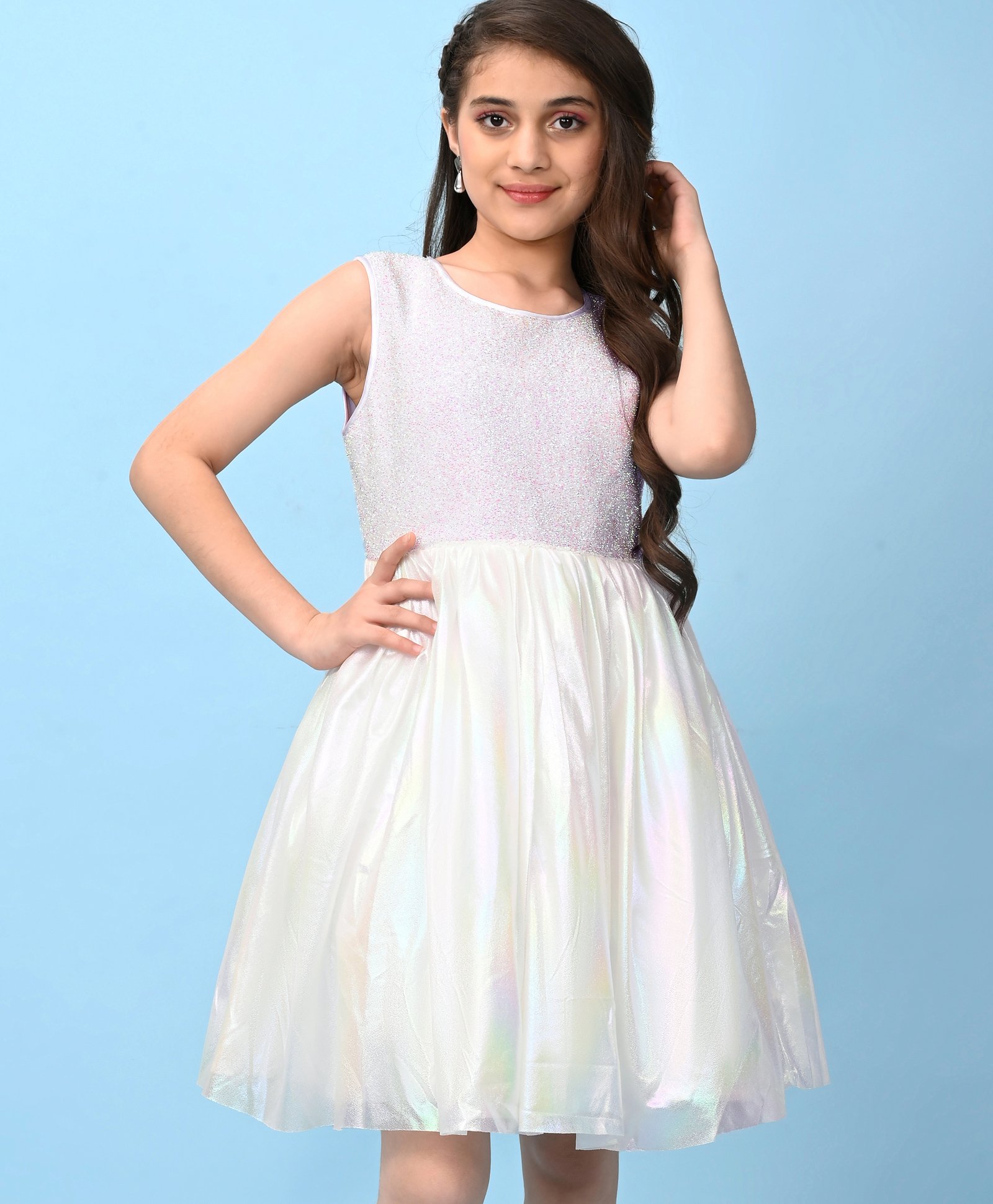 Pine Kids Sleeveless Solid Color Party Frock - White-picture-14