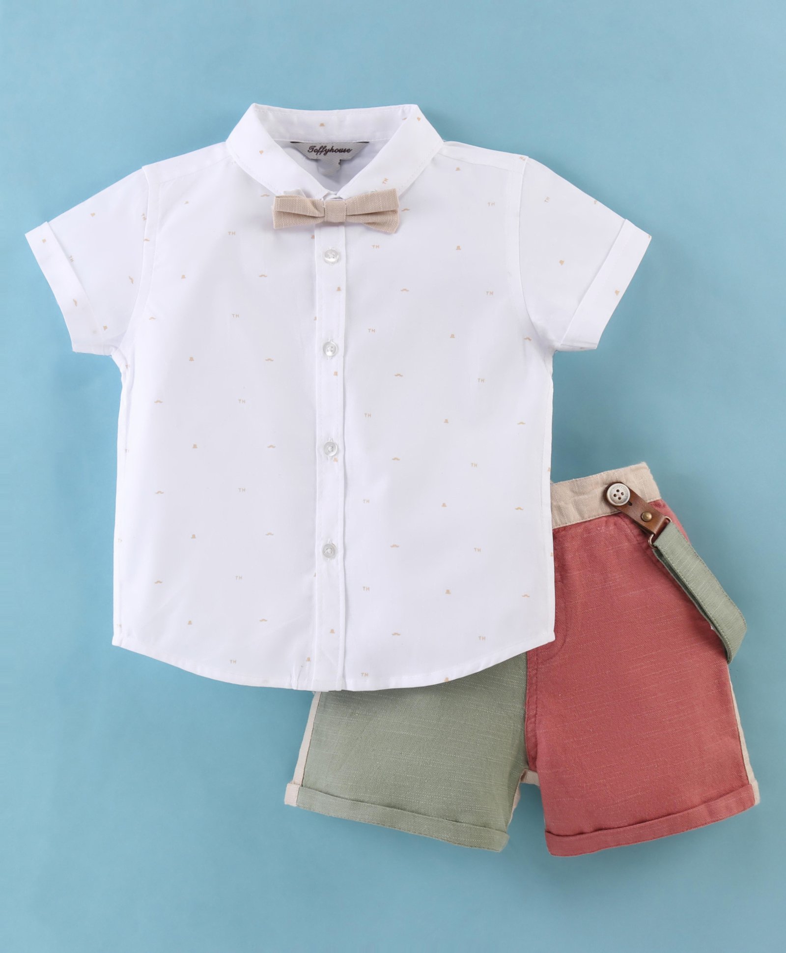 ToffyHouse Cotton Woven Half Sleeves Solid Colour Shirt & Shorts Set with Suspenders & Bow - Multicolour-image-25