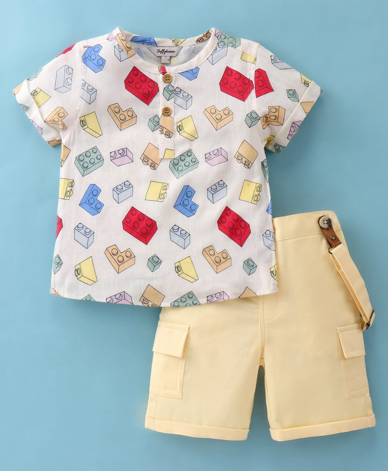 ToffyHouse Cotton Half Sleeves T-Shirt & Shorts Set With Building Blocks Print & Suspender - Lemon-picture-6