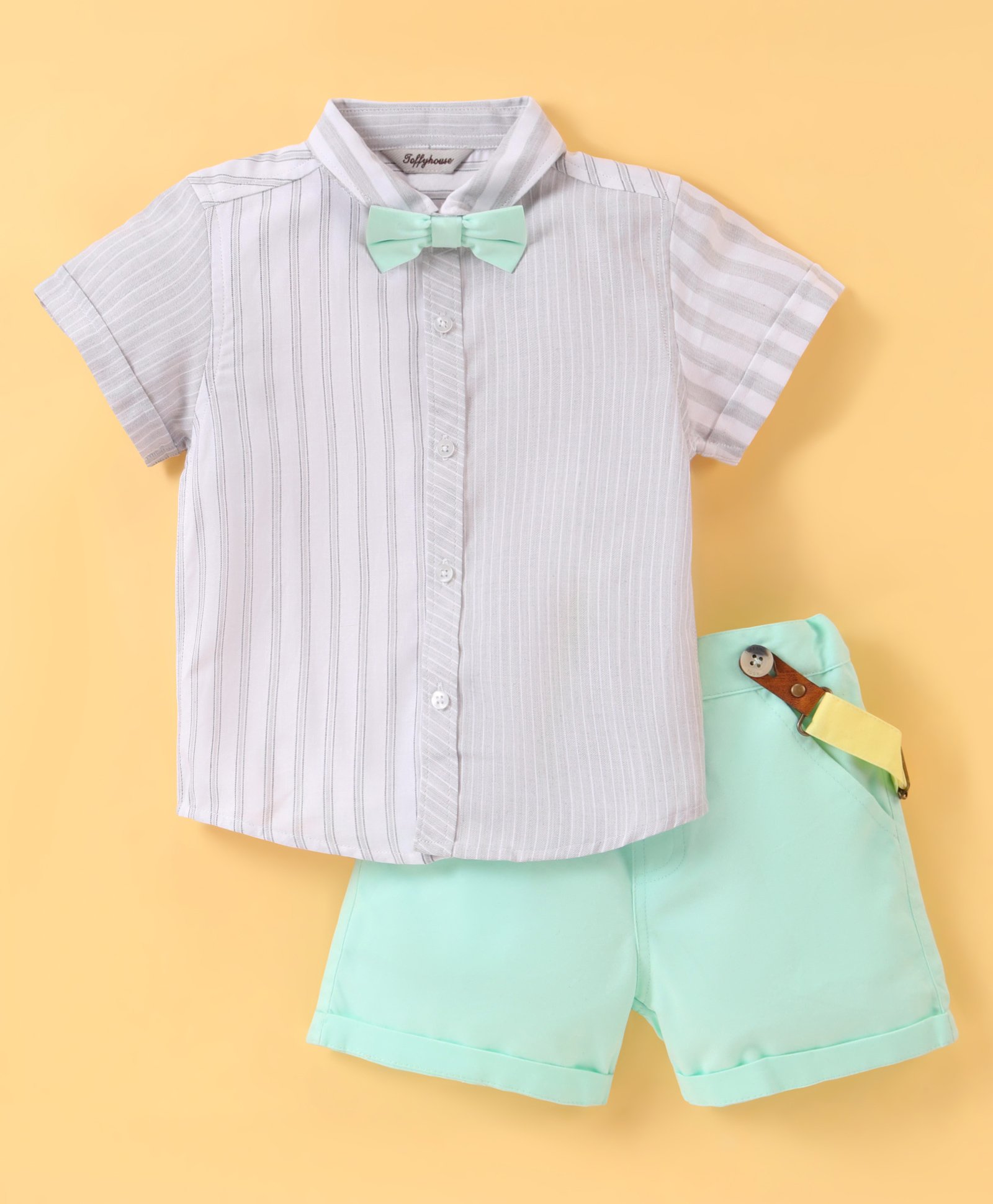 ToffyHouse Poplin Woven Half Sleeves Striped Shirt & Shorts Set with Bow & Suspender - Green-picture-28