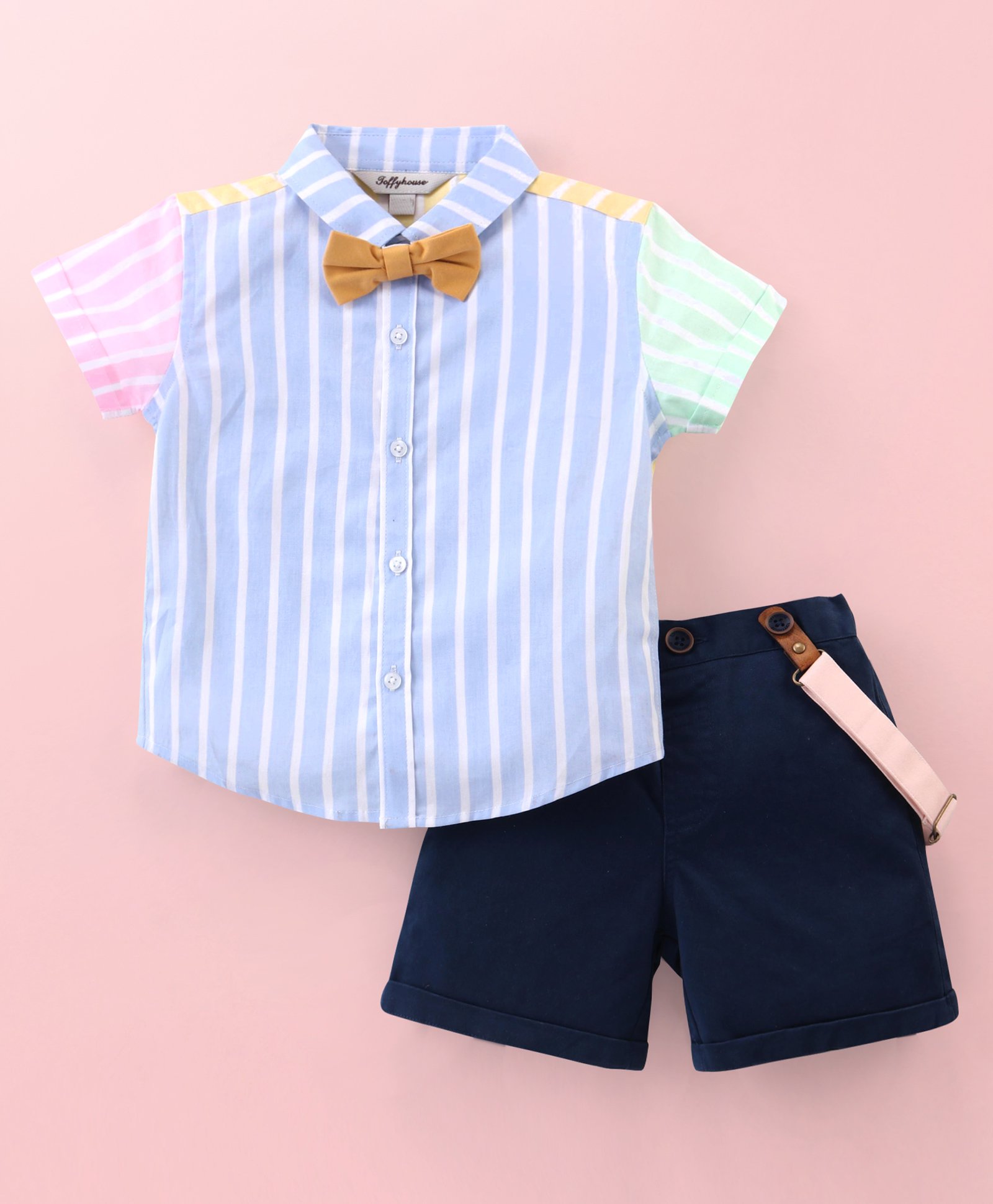ToffyHouse 100% Cotton Half Sleeves Striped Shirt & Shorts Set with Suspenders & Bow - Multicolor-image-38