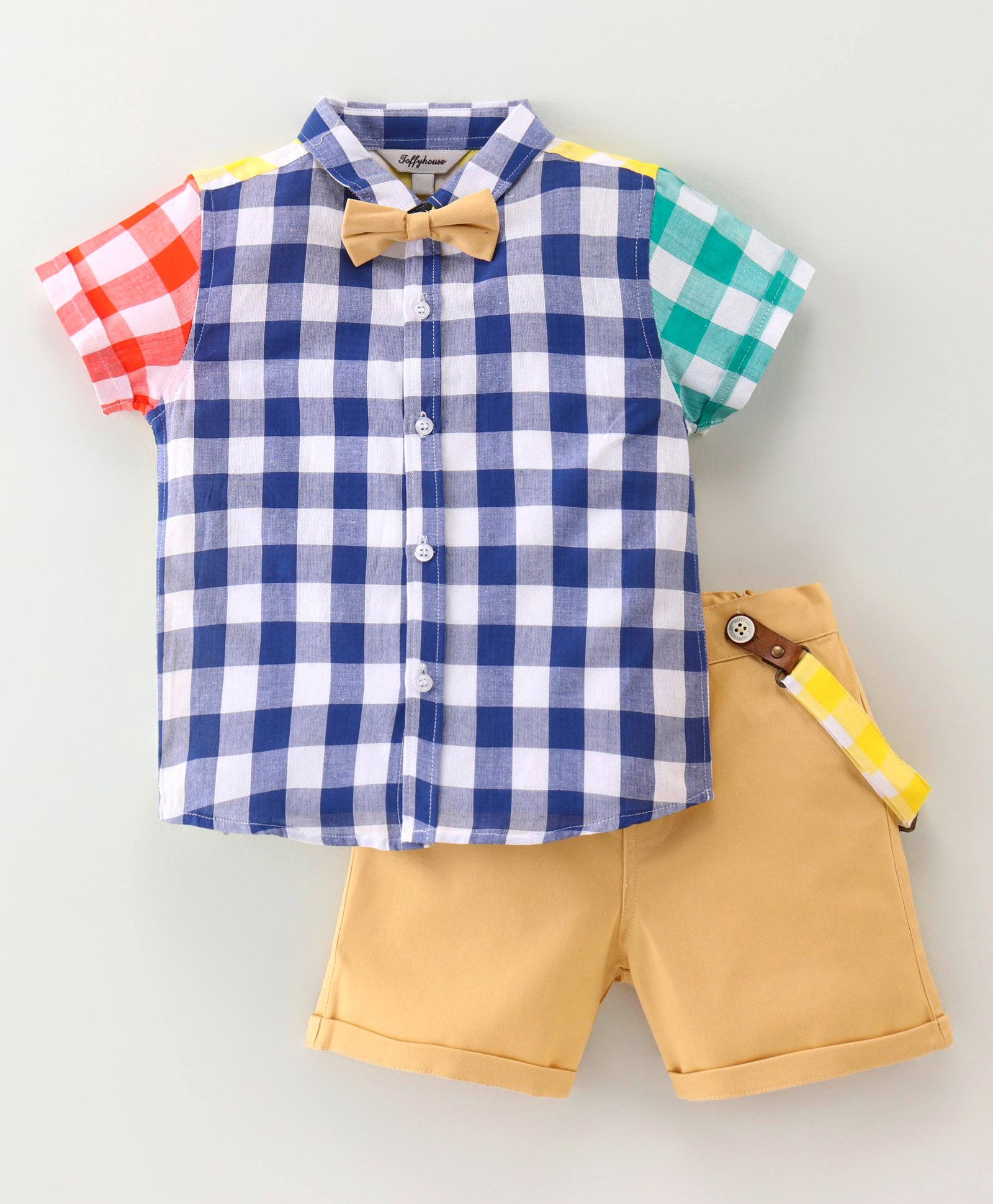 ToffyHouse Cotton Woven Half Sleeves Checks Shirt & Shorts Set with Suspenders & Bow - Multicolour-picture-34