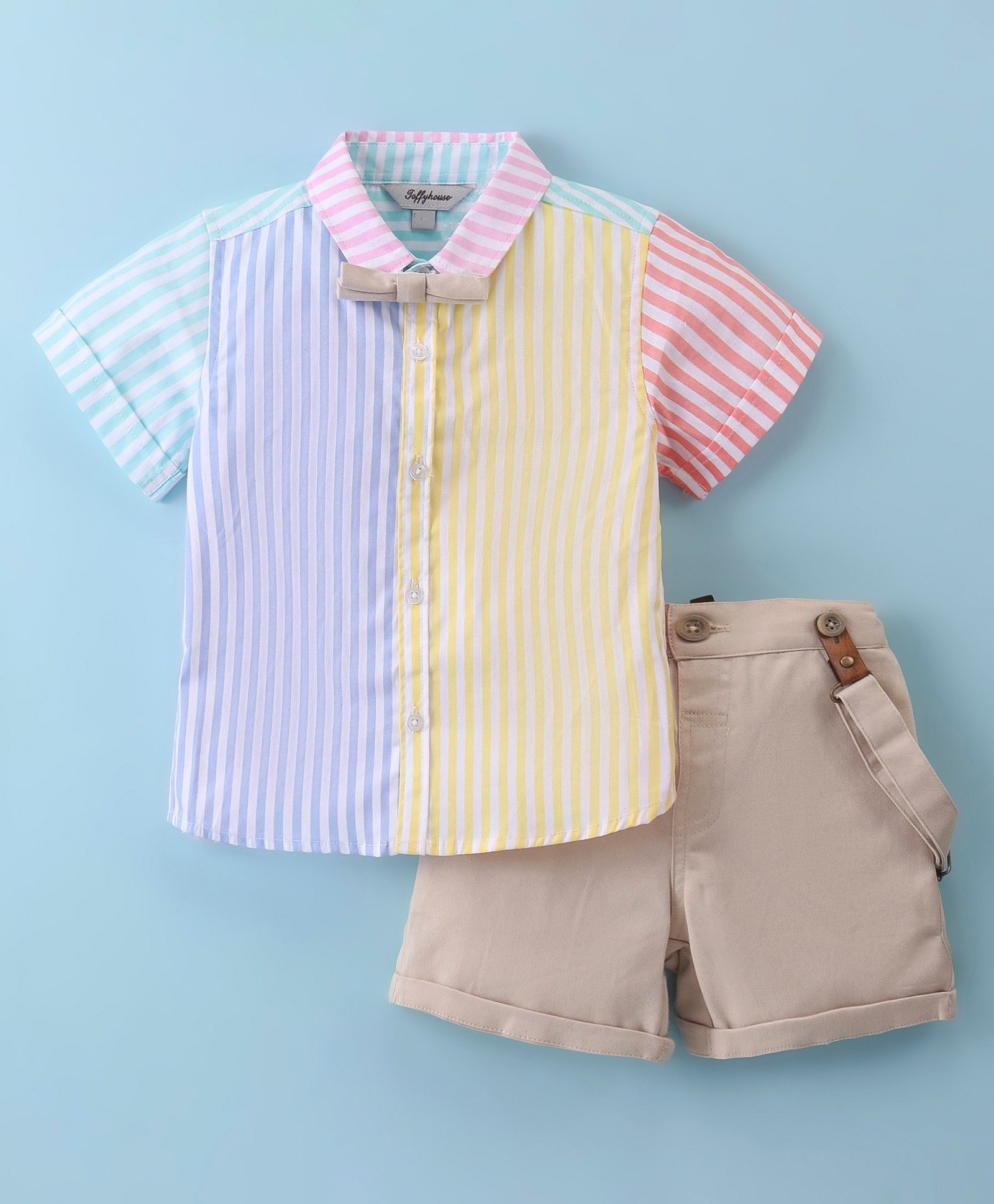 ToffyHouse 100% Cotton Woven Half Sleeves Striped Shirt & Shorts Set with Bow & Suspender - White Yellow & Blue-picture-17