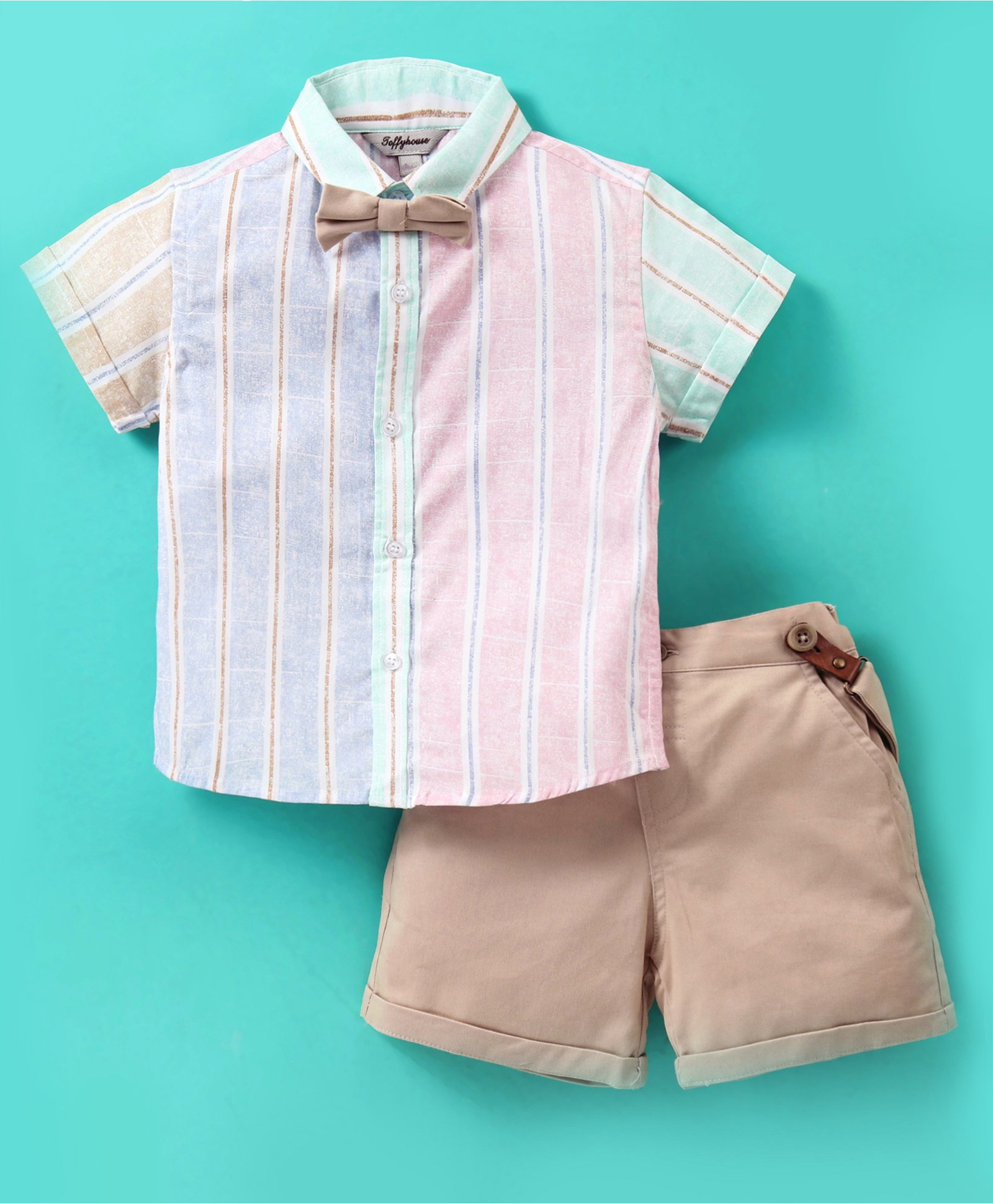 ToffyHouse 100% Cotton Half Sleeves Striped Shirt & Shorts with Quirky Suspenders & Bow - Multicolour-picture-23