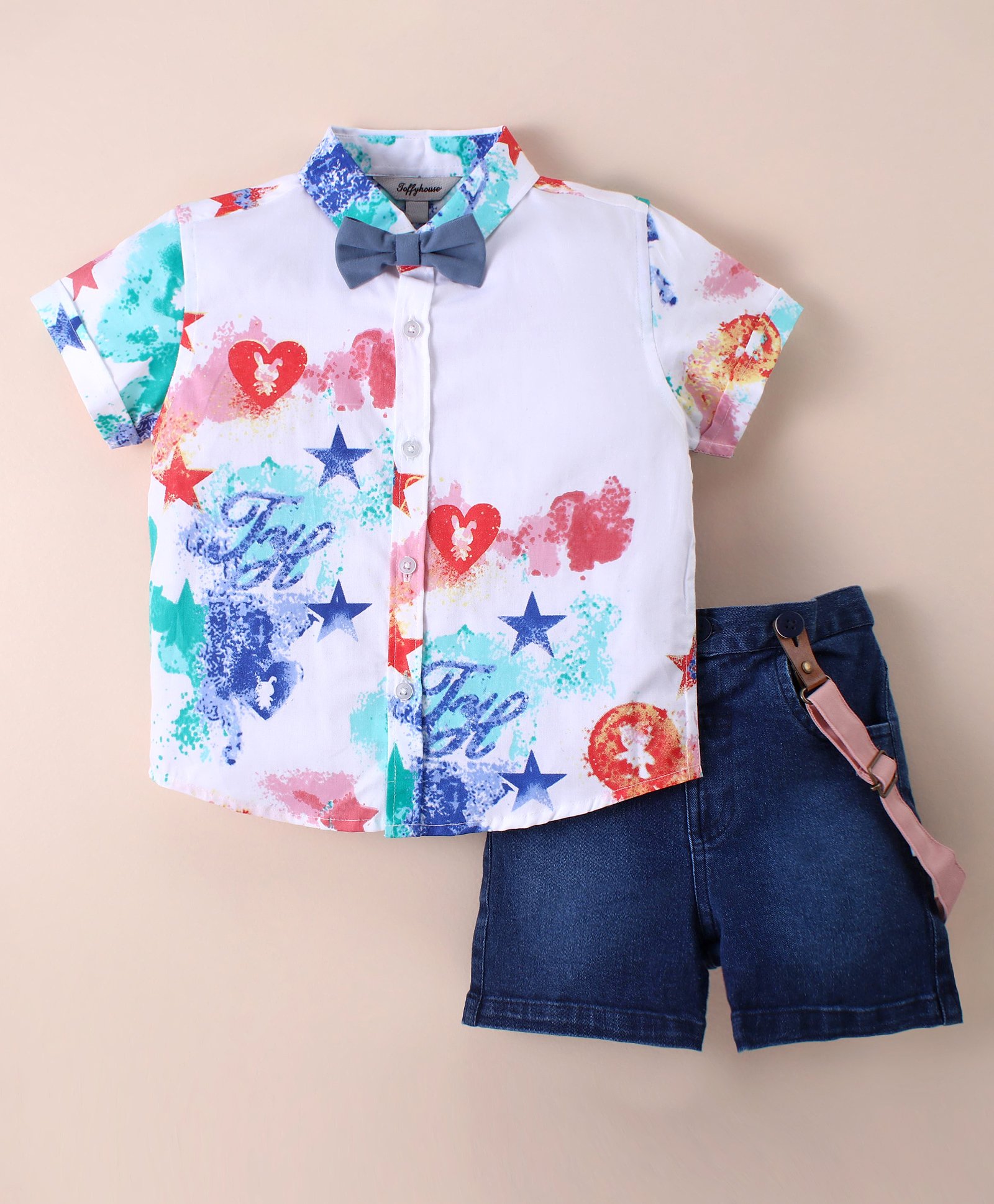 ToffyHouse 100% Cotton Woven Half Sleeves Printed Shirt & Denim Shorts Set With Bow & Suspender - White & Blue-image-40