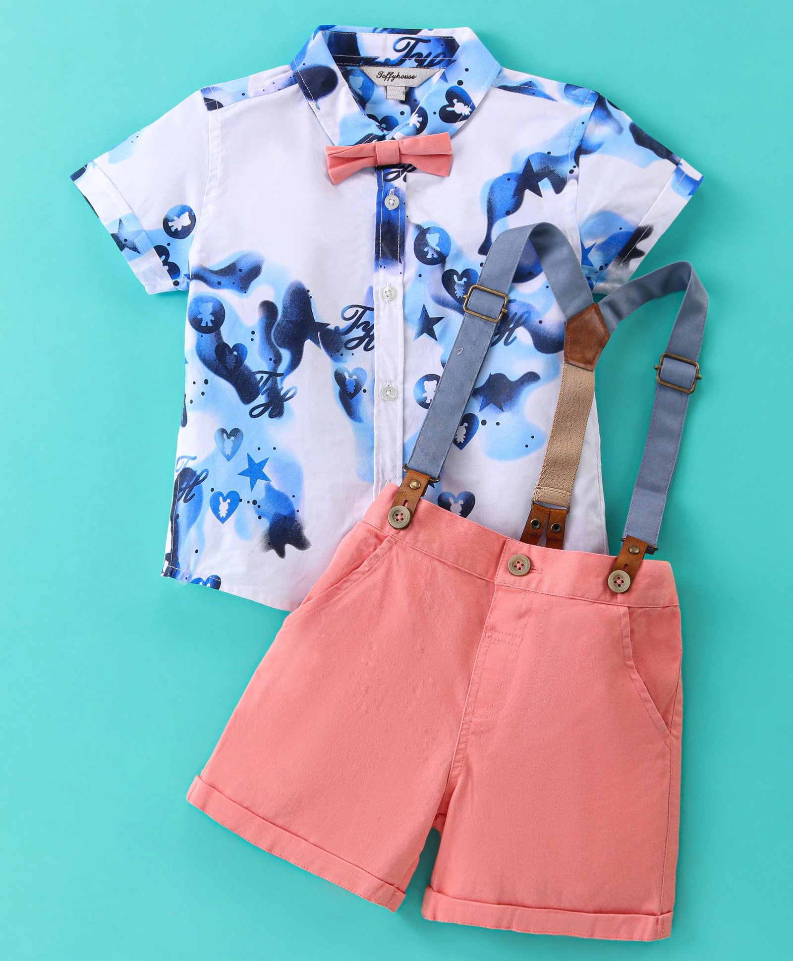 ToffyHouse 100% Cotton Woven Half Sleeves Abstract Printed Shirt & Shorts Set With Bow & Suspender - Onion-picture-9