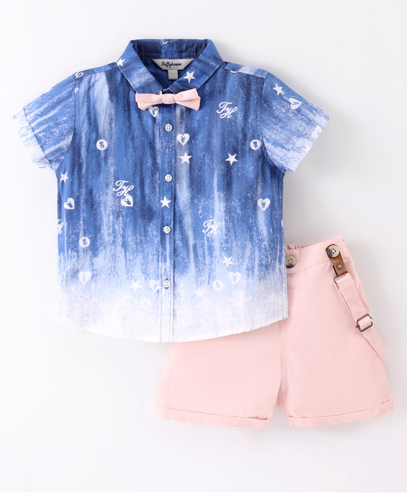 ToffyHouse 100% Cotton Woven Half Sleeves Printed Shirt & Shorts Set With Bow & Suspender - Blue & Peach-picture-27