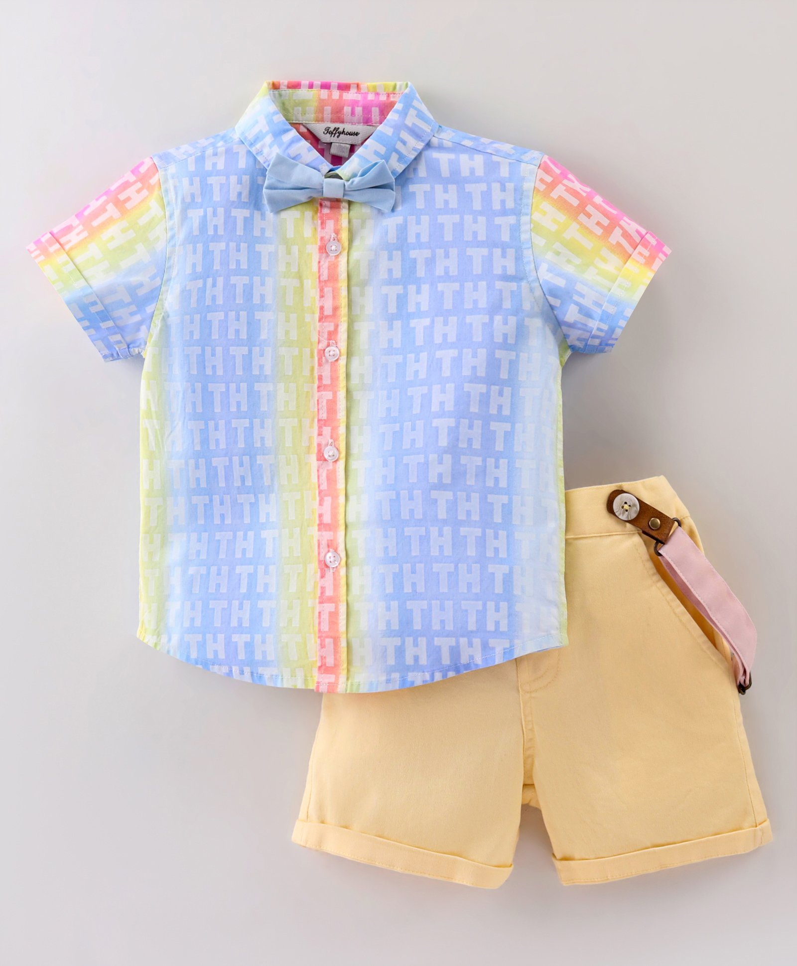 ToffyHouse 100% Woven Cotton Half Sleeves Alphabet Print Shirt & Shorts With Suspenders & Bow - Lemon Yellow-picture-19