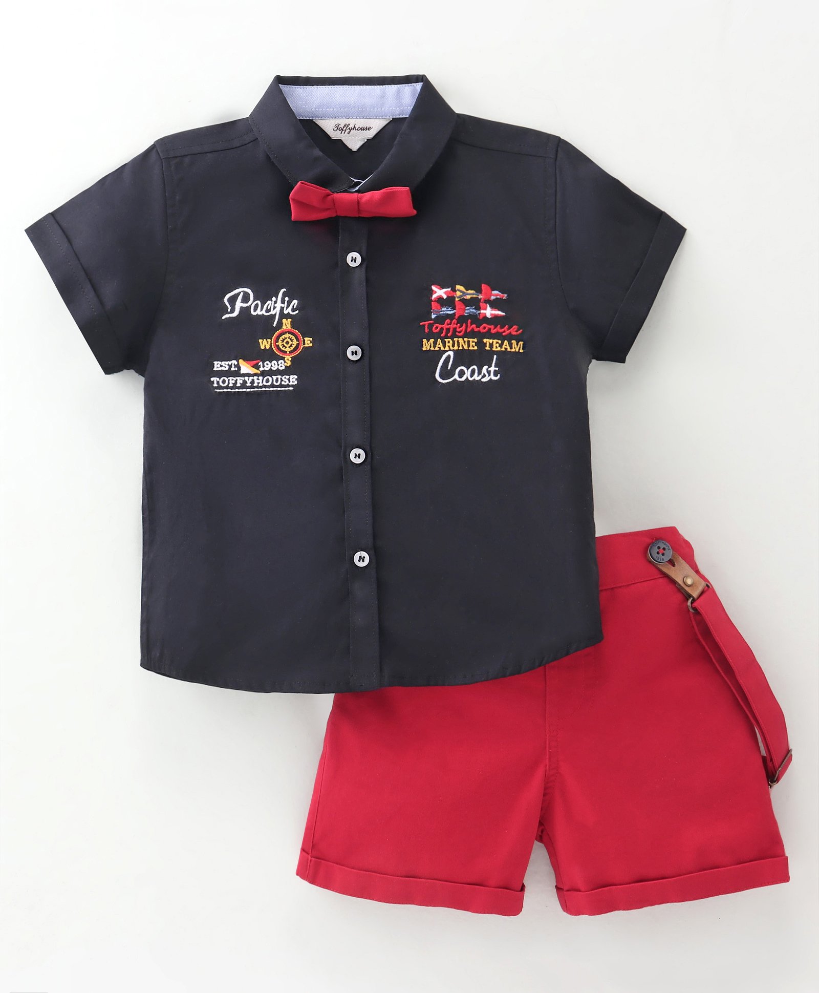 ToffyHouse 100% Cotton Woven Half Sleeves Text Embroidered Shirt & Shorts Set With Bow & Suspender - Carnation-image-31