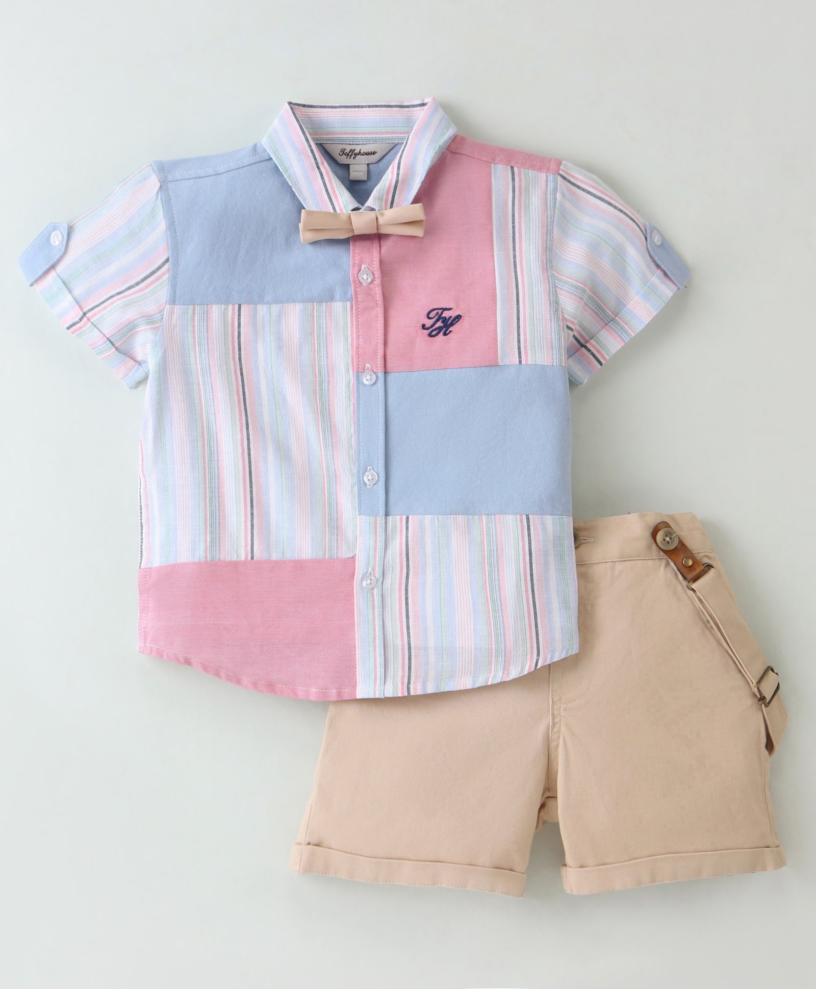 ToffyHouse 100% Cotton Woven Half Sleeves Striped Shirt & Shorts Set With Bow & Suspender - Beige-picture-14