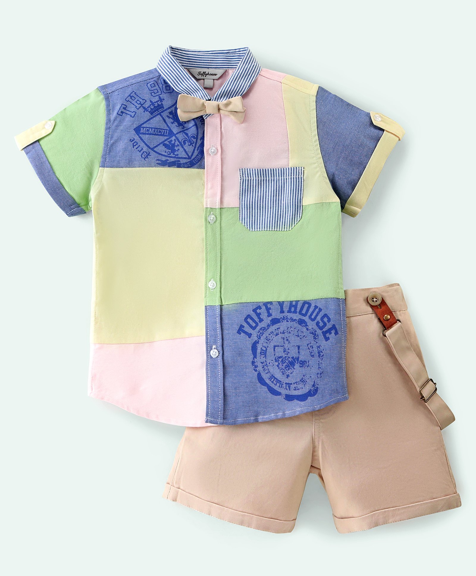 ToffyHouse 100% Cotton Woven Half Sleeves Printed Shirt & Shorts Set With Bow & Suspender - Beige-picture-31