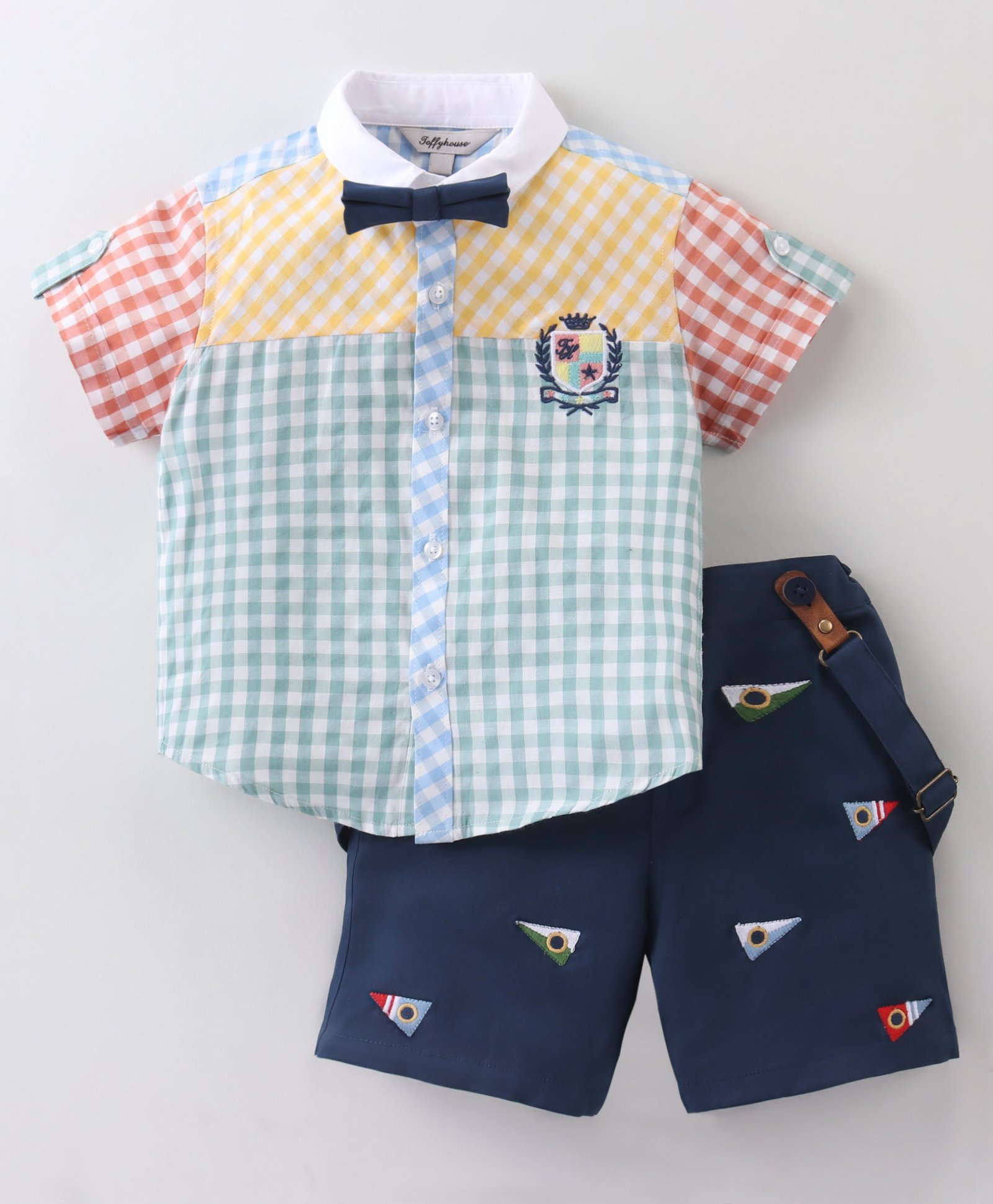 ToffyHouse 100%  Cotton Woven Half Sleeves Checkered Shirt & Shorts Set With Bow & Suspender - Navy-picture-49