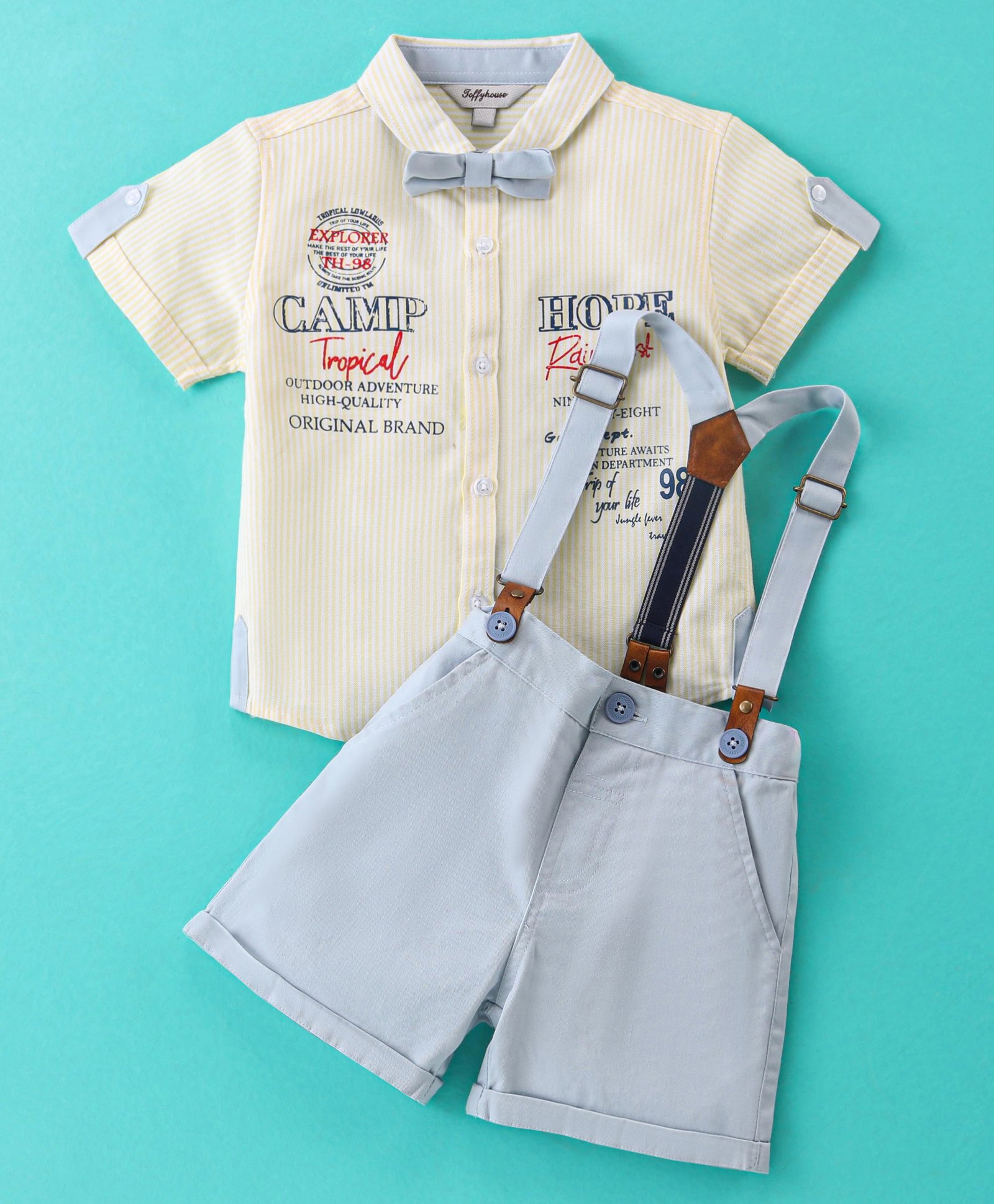 ToffyHouse 100% Cotton Woven Half Sleeves Striped & Text Printed Shirt & Shorts Set With Bow & Suspender - Ice Blue-picture-19