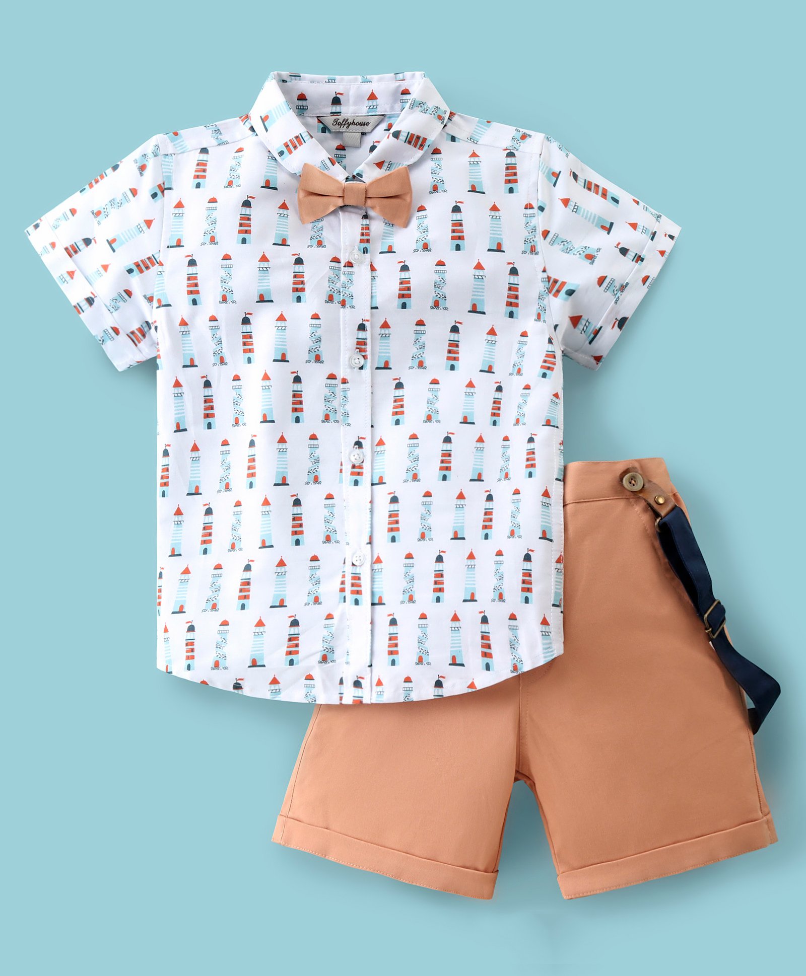 ToffyHouse 100% Cotton Half Sleeves Printed Shirt & Shorts Set With Suspender & Bow - White & Orange-image-40