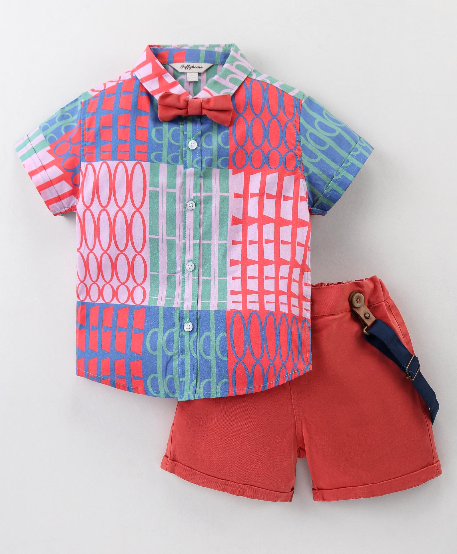 ToffyHouse 100% Woven Cotton Half Sleeves Shirt &  Shorts Set With Suspender & Bow - Multicolor-picture-27