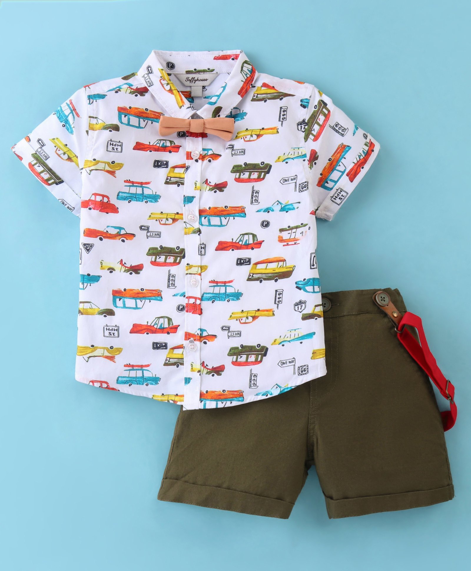 ToffyHouse 100% Cotton Woven Half Sleeves  Car Printed Shirt & Shorts Set with Bow & Suspender - Olive Green & White-picture-41