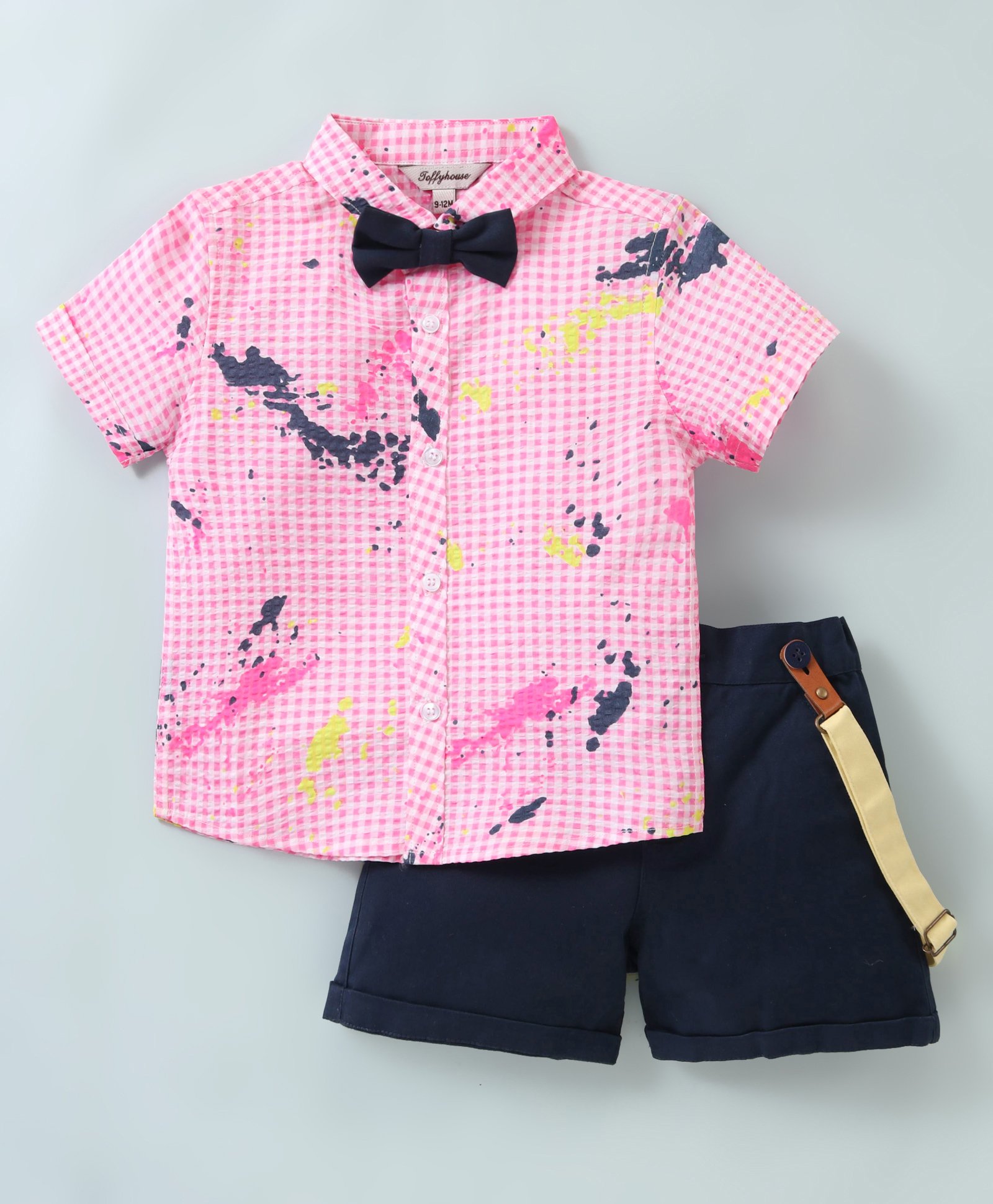 ToffyHouse 100% Cotton Half Sleeves Checkered Shirt & Shorts with Quirky Suspenders & Bow - Pink & Navy Blue-image-45