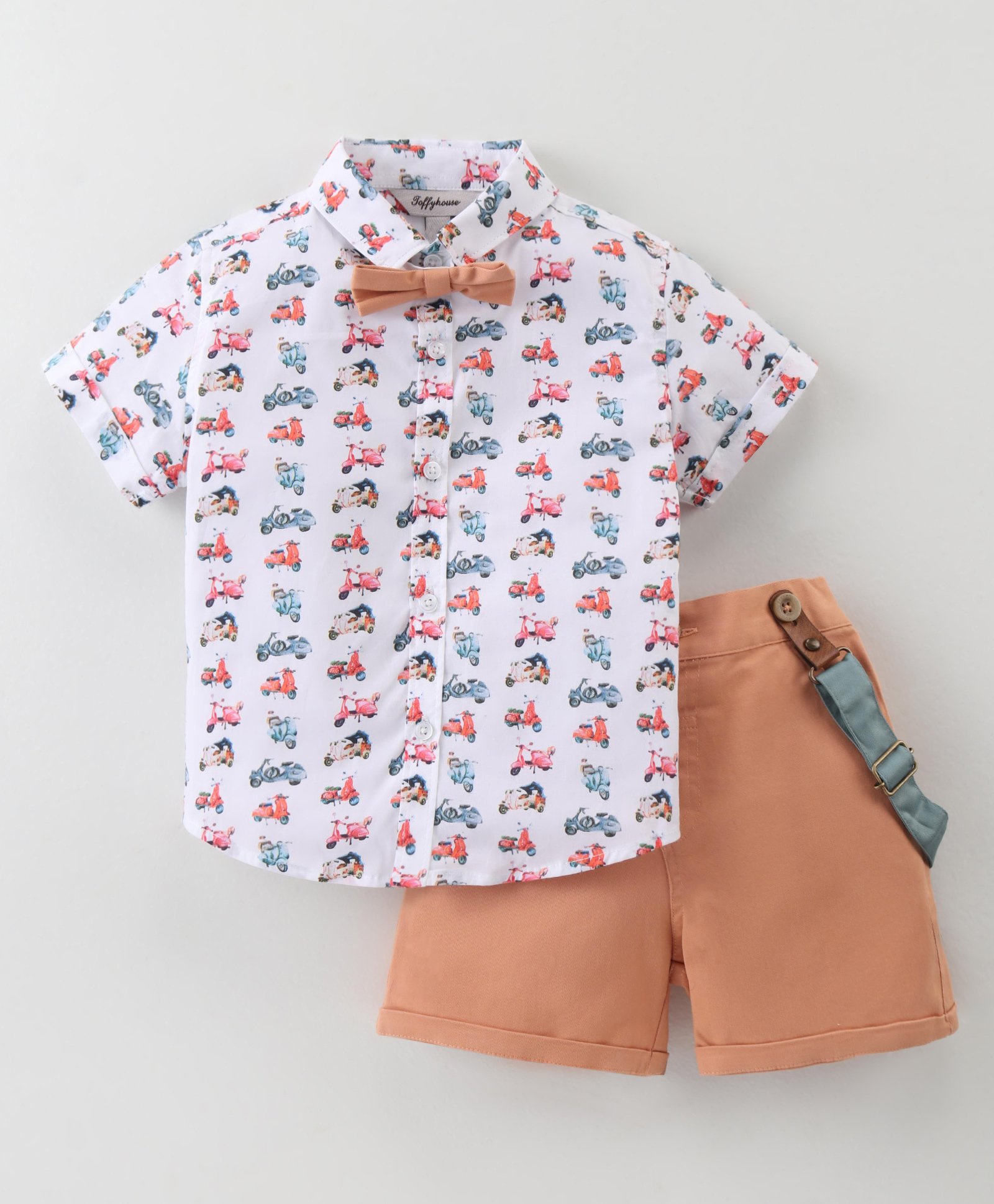 ToffyHouse 100% Woven Cotton Half Sleeves Vehicle Printed Shirt & Shorts Set With Suspender & Bow - Multicolor-picture-0
