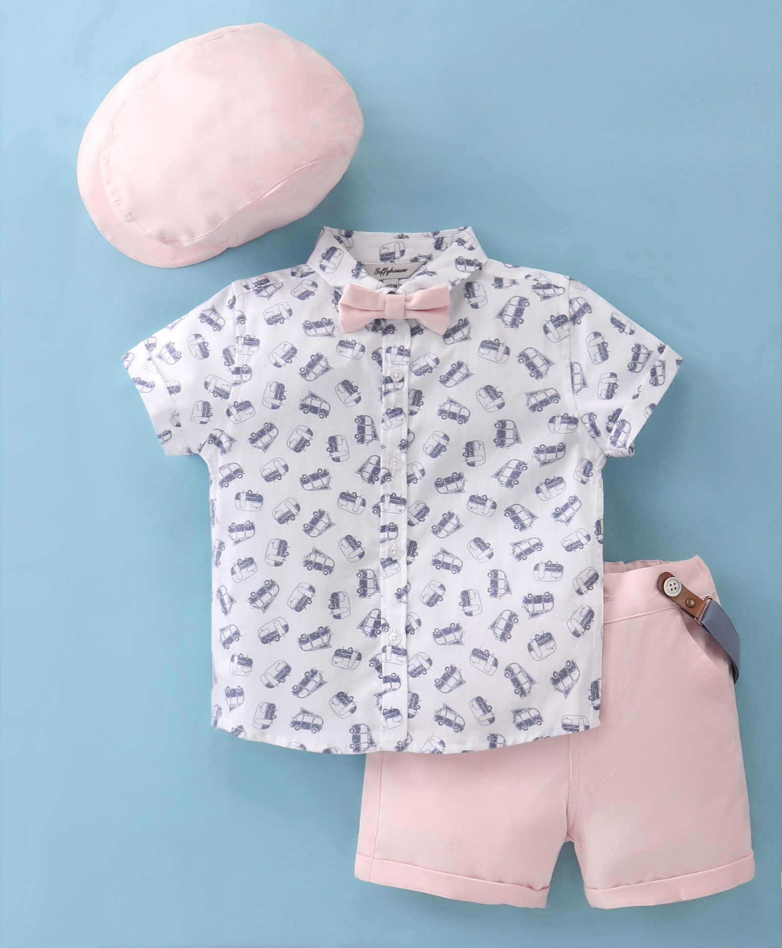 ToffyHouse 100% Cotton Woven Half Sleeves Shirt & Shorts Set Camper Van Print with Hat  Bow & Suspender - Peach-picture-1