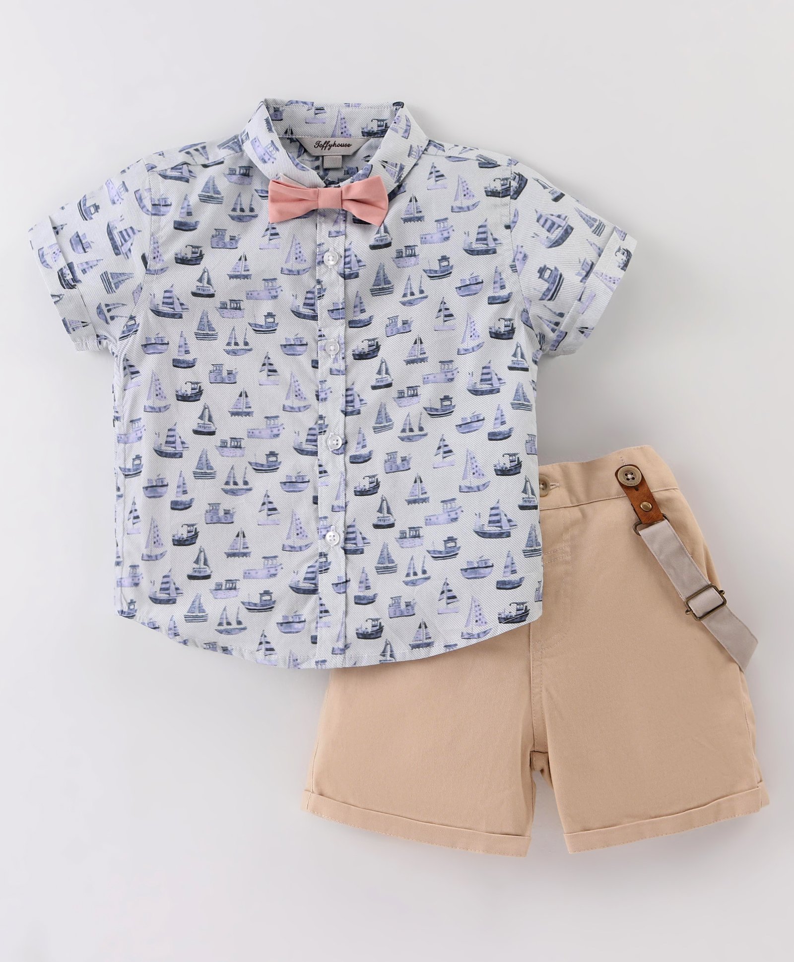 ToffyHouse 100% Cotton Knit Half Sleeves Boat Printed Shirt & Shorts Set with Bow & Suspender - Biege-picture-13
