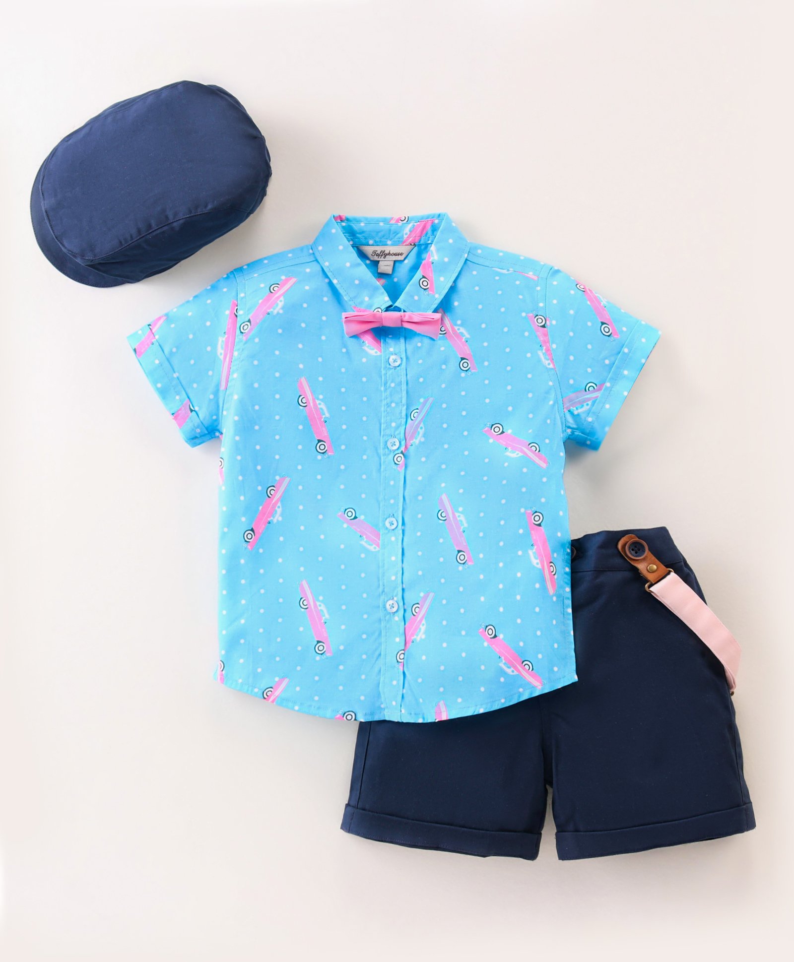 ToffyHouse Cotton Woven Half Sleeves Cars Printed Shirt & Solid Colour Shorts with Suspenders & Cap - Navy Blue-picture-27