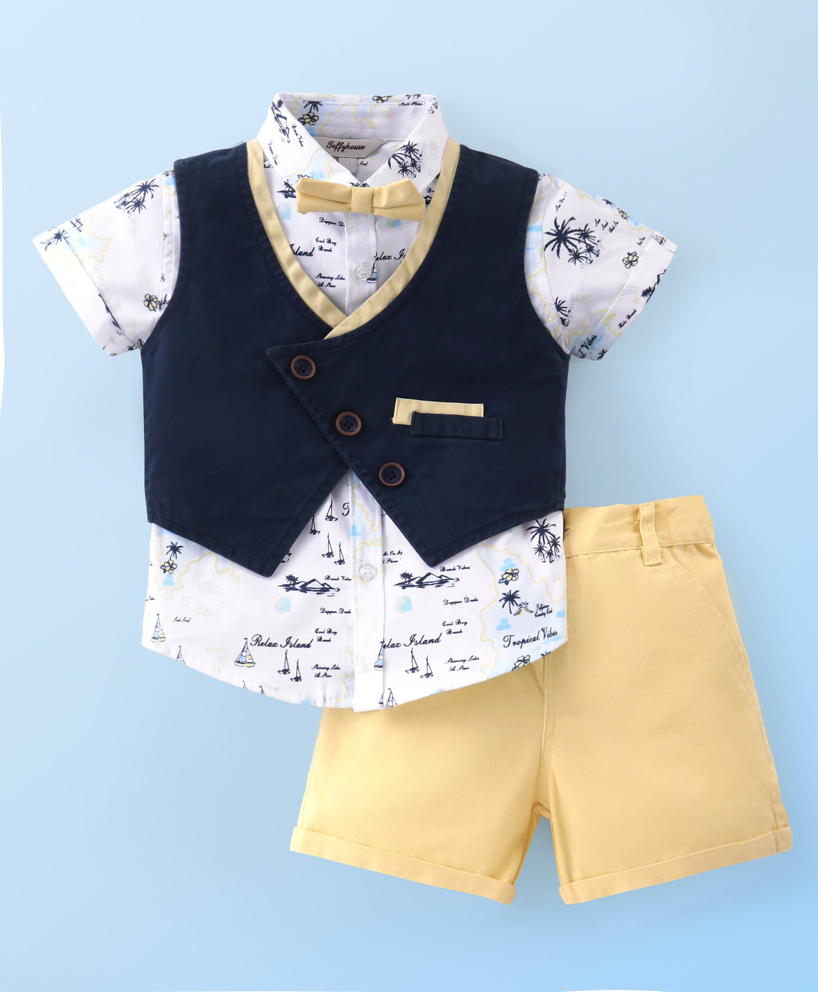ToffyHouse 100% Cotton Woven Half Sleeves Shirt & Shorts Set with Waistcoat Tropical Print - Yellow-picture-41