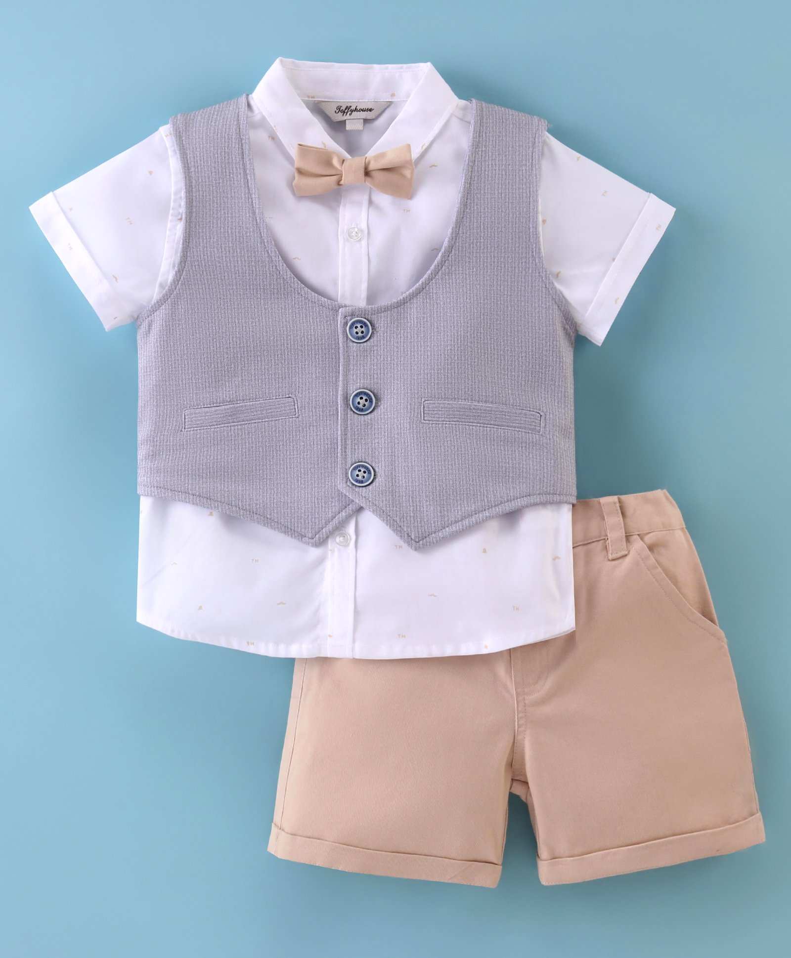 ToffyHouse Cotton Woven Yarn Dyed Checks Party Suit with Bow - Beige-image-37