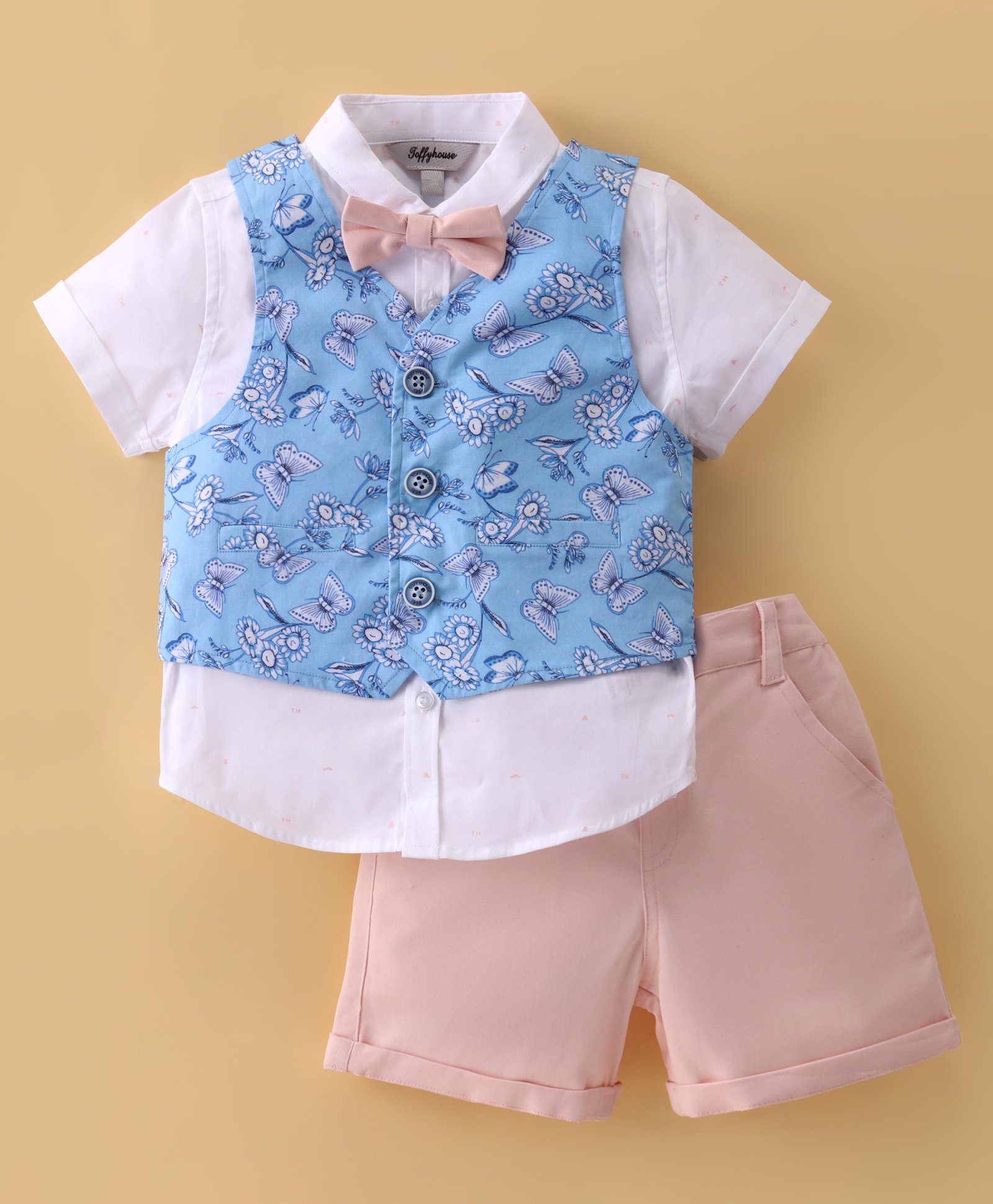 ToffyHouse Cotton Woven Half Sleeves Shirt & Shorts Set with Butterfly Printed Waistcoat & Bow - Blue & Peach-picture-28