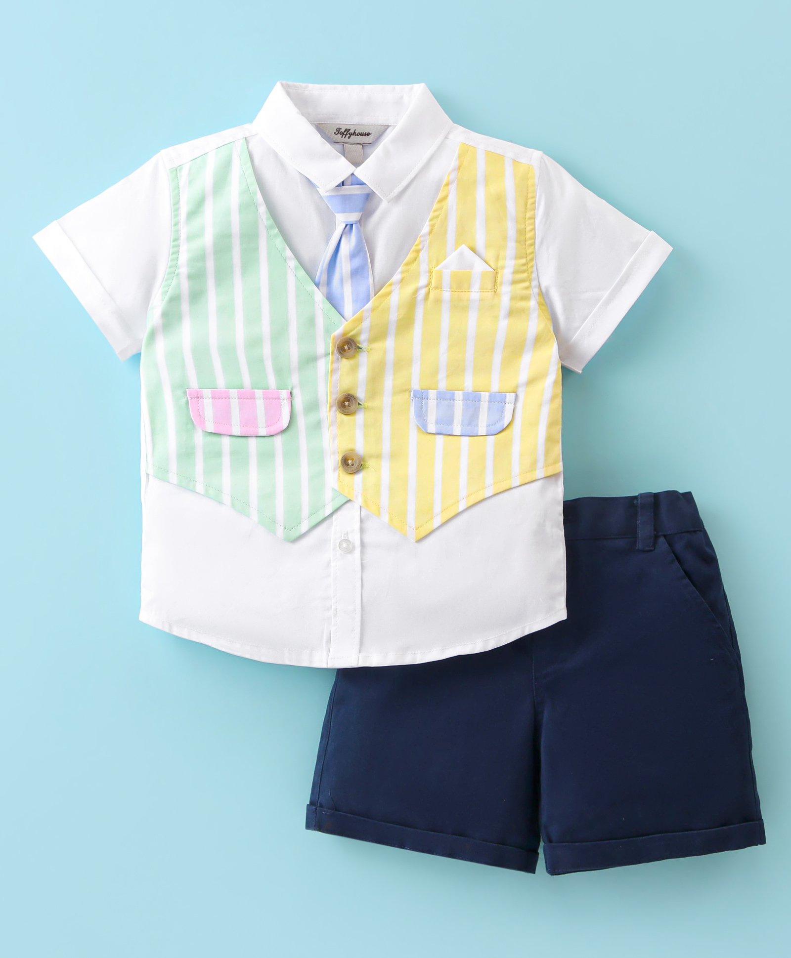 ToffyHouse 100% Cotton Woven Half Sleeves Shirt & Shorts Set with Attached Striped Waist Coat & Tie - White & Navy Blue-picture-11