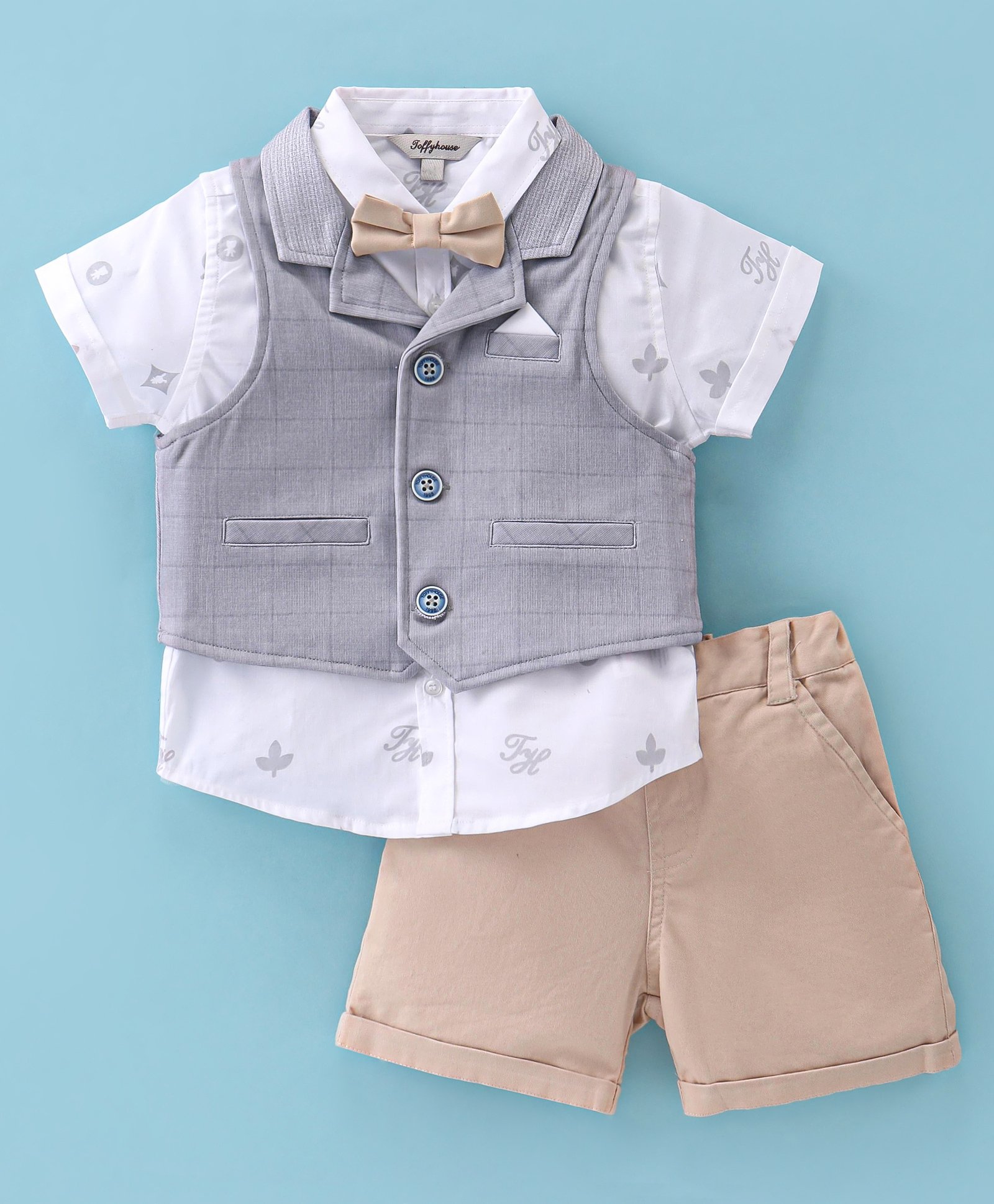ToffyHouse  100%  Cotton Woven Half Sleeves Leaves Printed Shirt & Short Set with Suspender & Bow - Beige-image-27